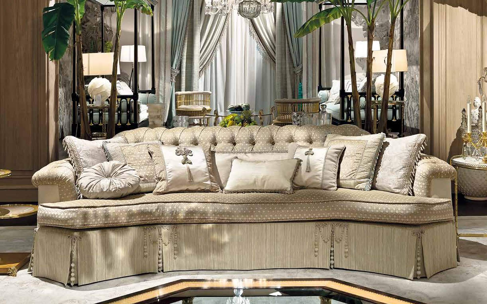 Provasi Signature ivory tufted sofa with crystal chandelier Provasi Signature ivory tufted sofa with crystal chandelier – Italian luxury furniture