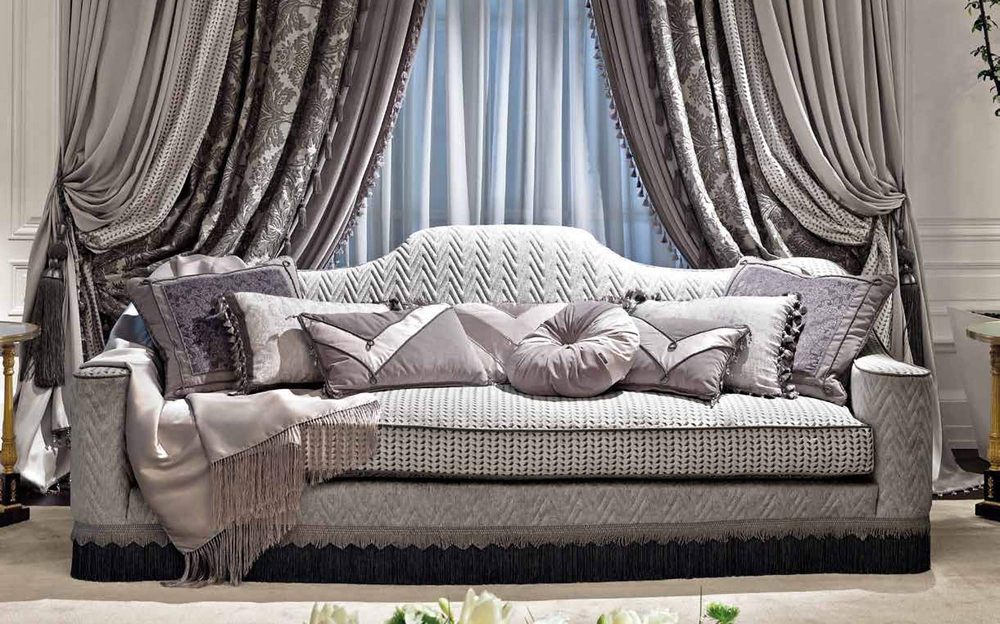 Provasi Signature grey sofa with chevron cushions and drapes Provasi Signature grey sofa with chevron cushions and drapes – Italian luxury furniture