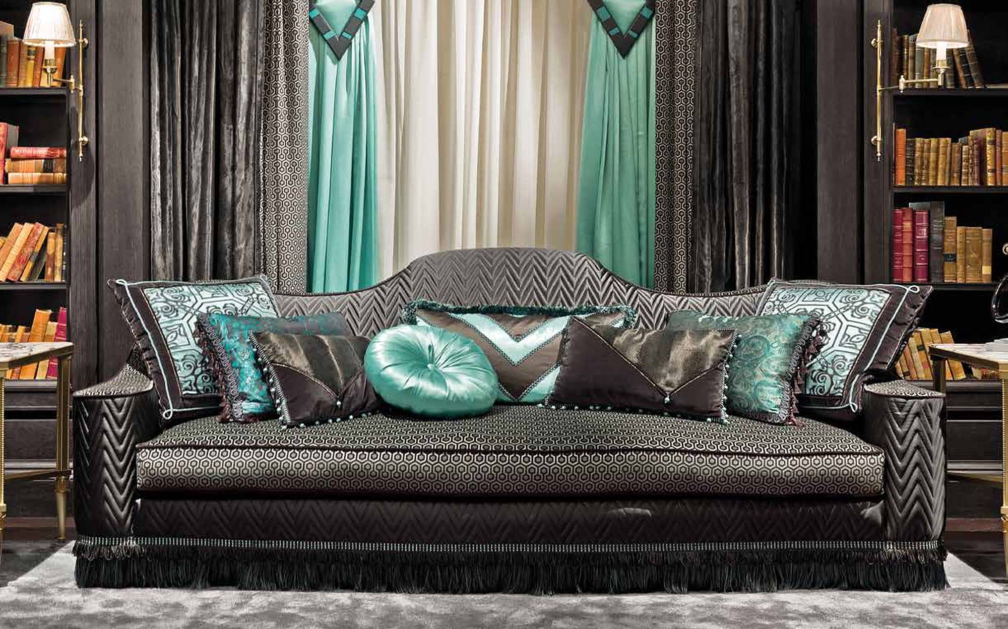 Provasi Signature dark sofa with turquoise silk cushions Provasi Signature dark sofa with turquoise silk cushions – Italian luxury furniture