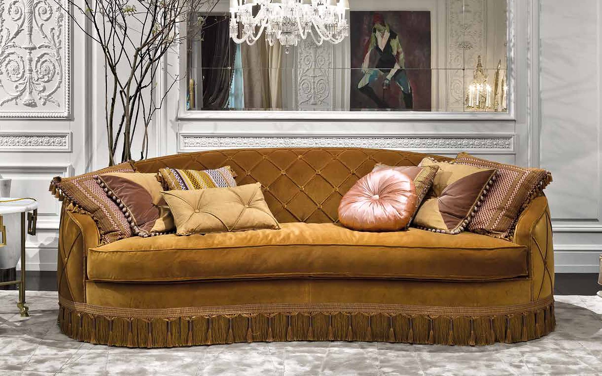 Provasi Signature ochre velvet sofa with fringes Provasi Signature ochre velvet sofa with fringes – Italian luxury furniture