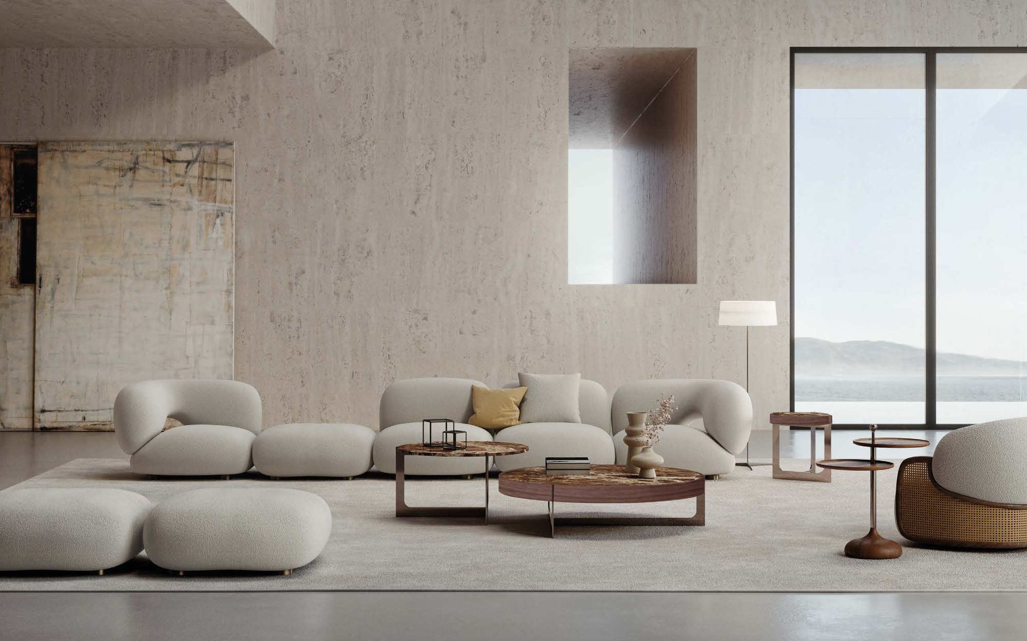 Rossi di Albizzate Collection 2026 modular boucle sofa with wooden coffee tables Rossi di Albizzate Collection 2026 modular boucle sofa with wooden coffee tables – Italian luxury contemporary furniture