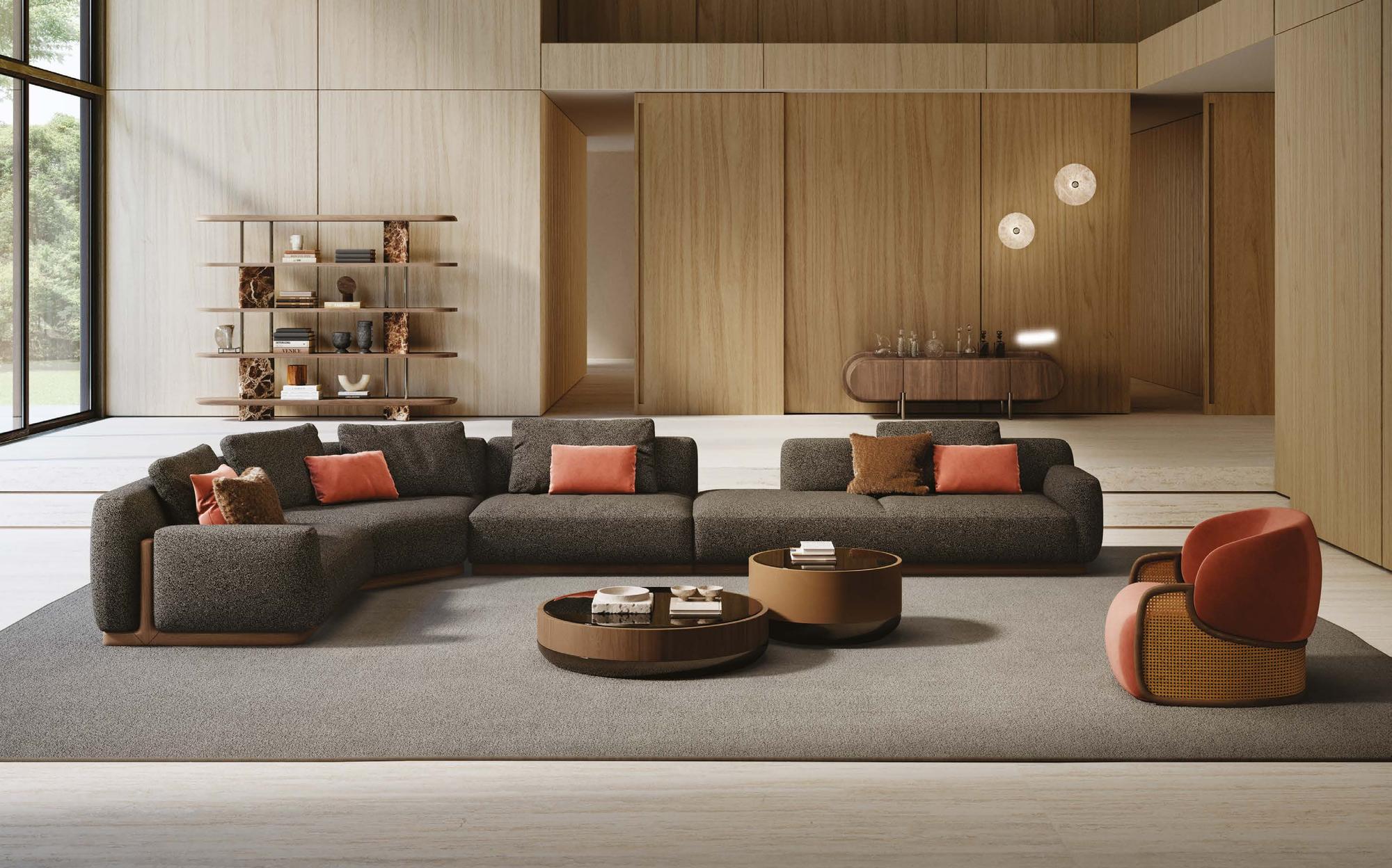 Rossi di Albizzate Collection 2026 dark curved sectional sofa with round coffee tables Rossi di Albizzate Collection 2026 dark curved sectional sofa with round coffee tables – Italian luxury contemporary furniture
