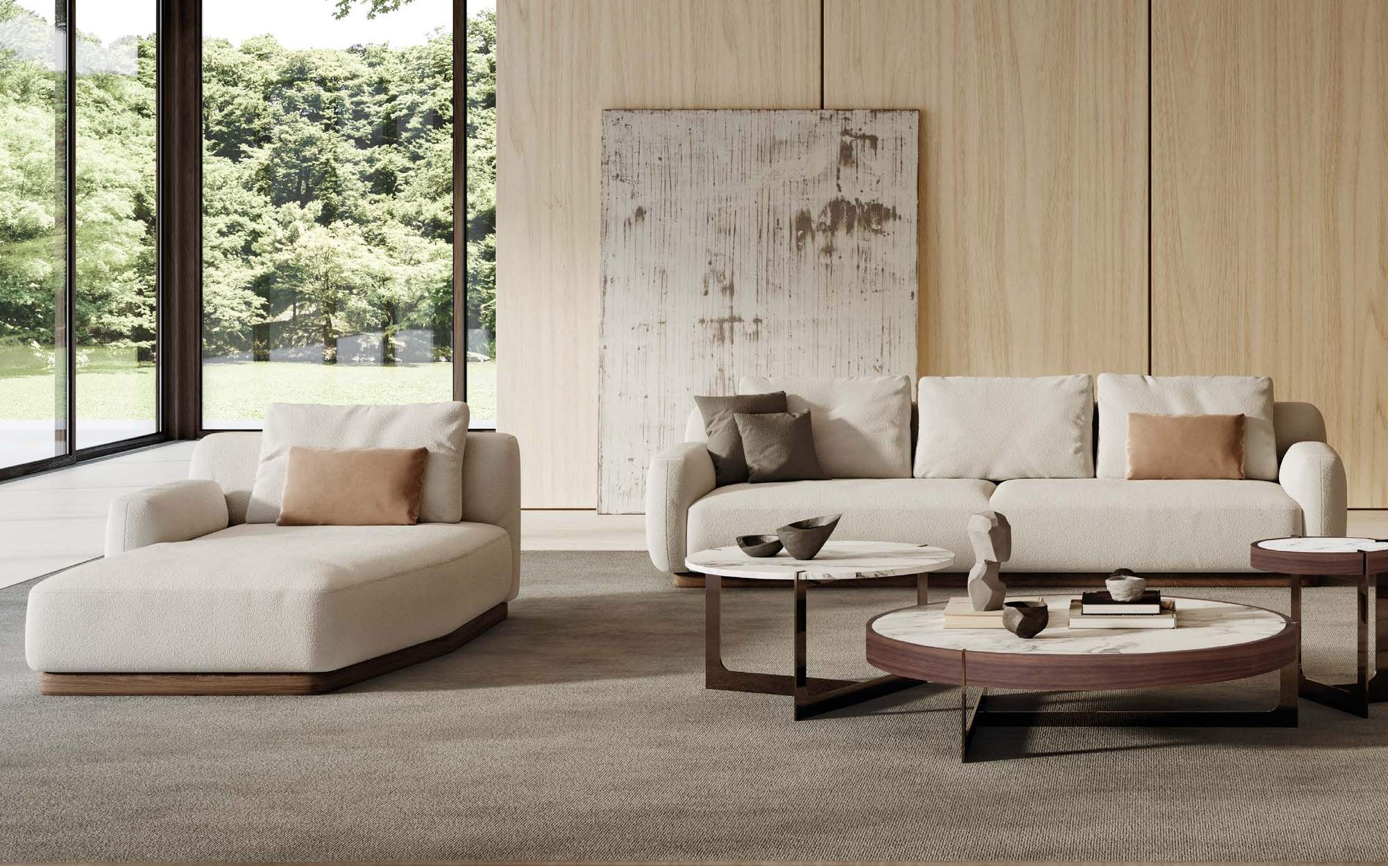 Rossi di Albizzate Collection 2026 ivory sofa and chaise longue with marble coffee table Rossi di Albizzate Collection 2026 ivory sofa and chaise longue with marble coffee table – Italian luxury contemporary furniture