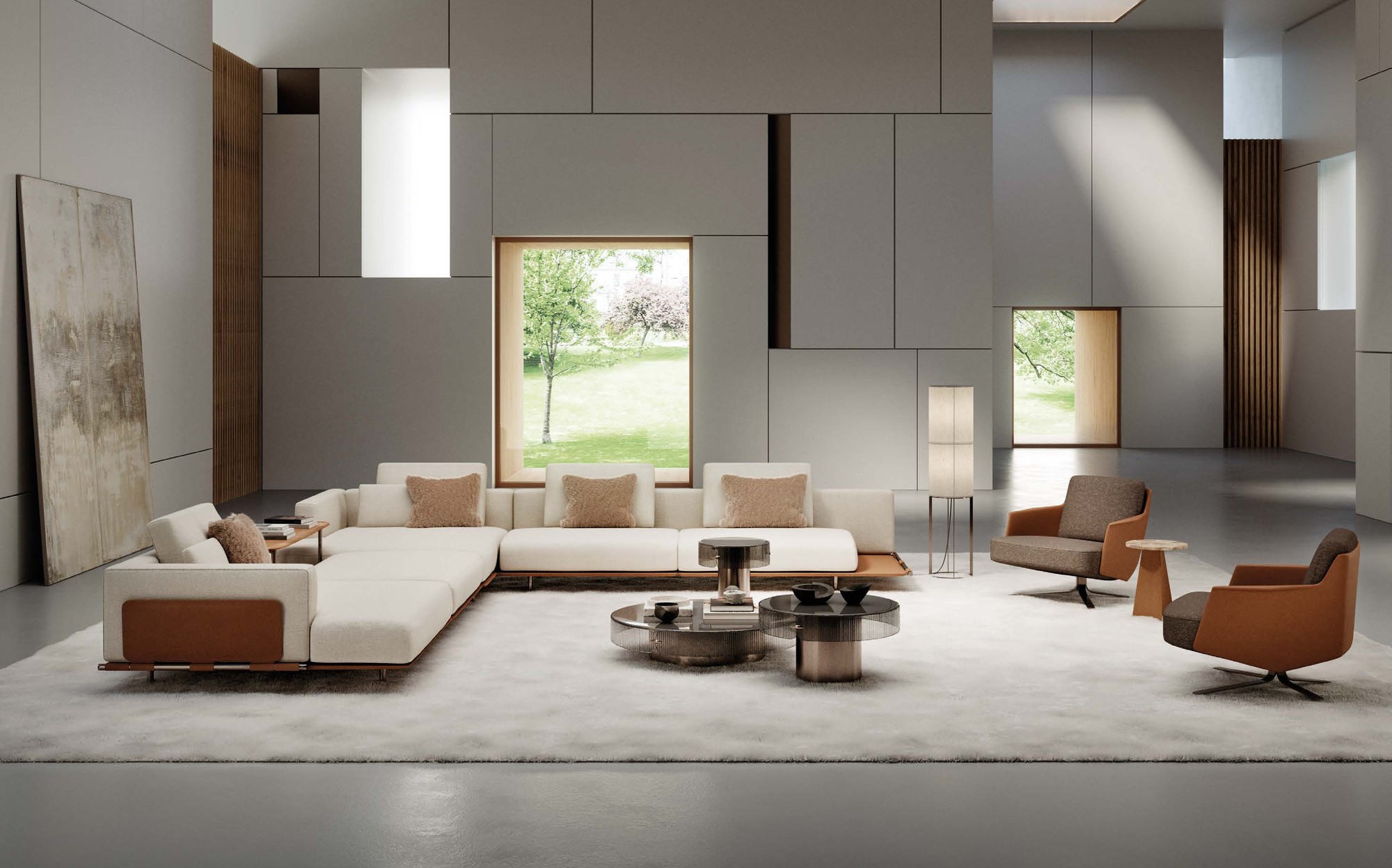 Rossi di Albizzate Collection 2026 white sectional sofa with leather armchairs Rossi di Albizzate Collection 2026 white sectional sofa with leather armchairs – Italian luxury contemporary furniture