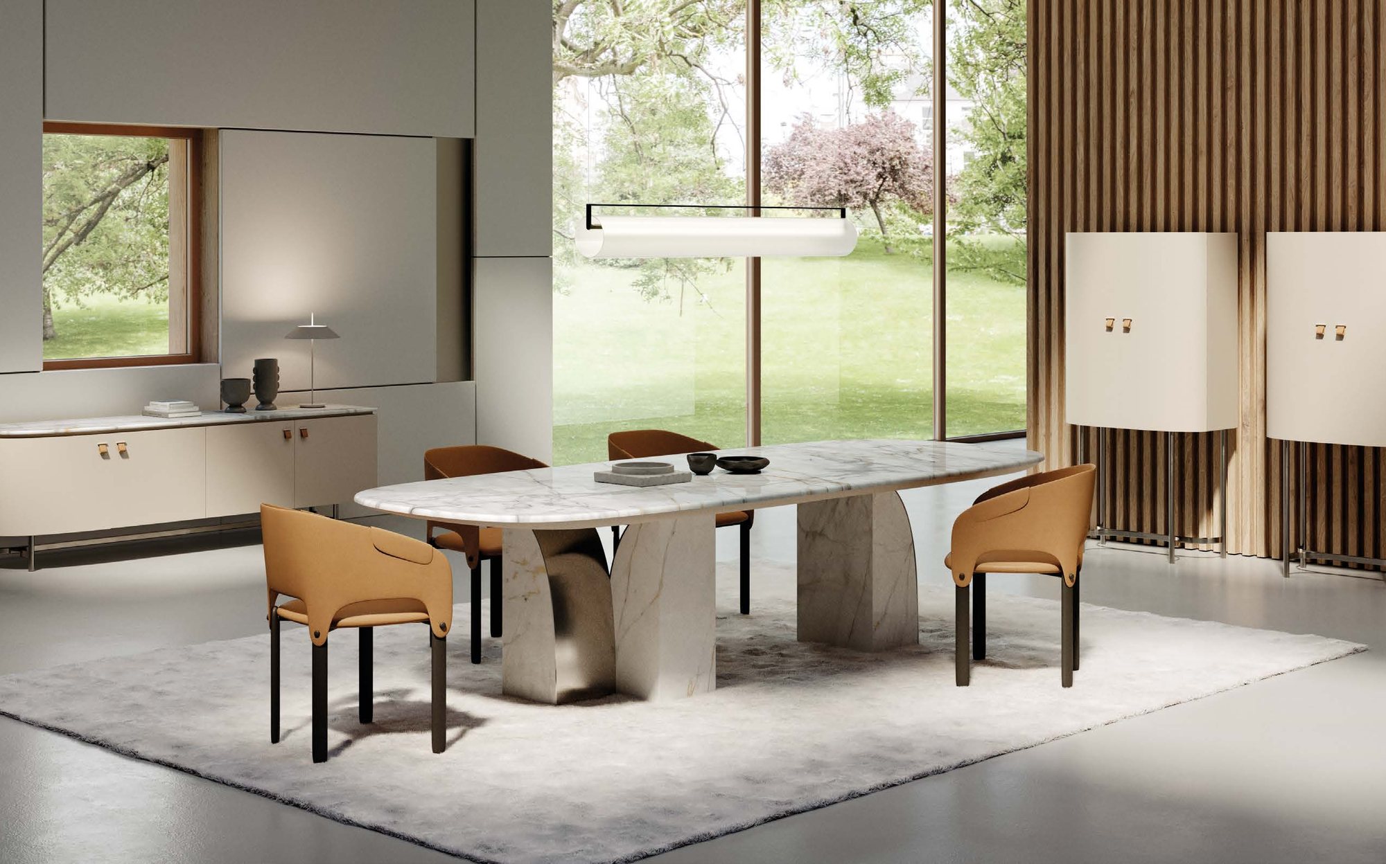 Rossi di Albizzate Collection 2026 marble dining table with leather chairs and cabinets Rossi di Albizzate Collection 2026 marble dining table with leather chairs and cabinets – Italian luxury contemporary furniture