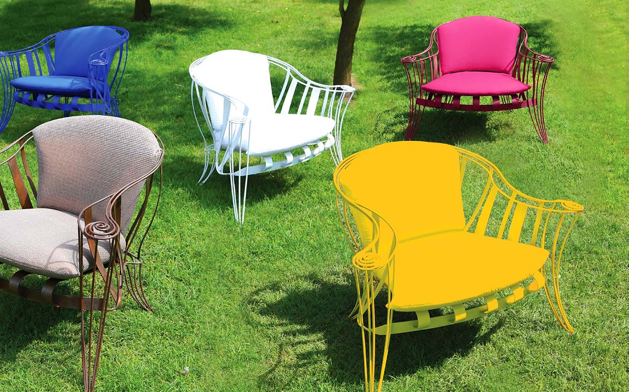 Sergio Villa Opus Garden lacquered armchairs in colours on garden lawn Sergio Villa Opus Garden lacquered armchairs in colours on garden lawn – Italian luxury outdoor furniture