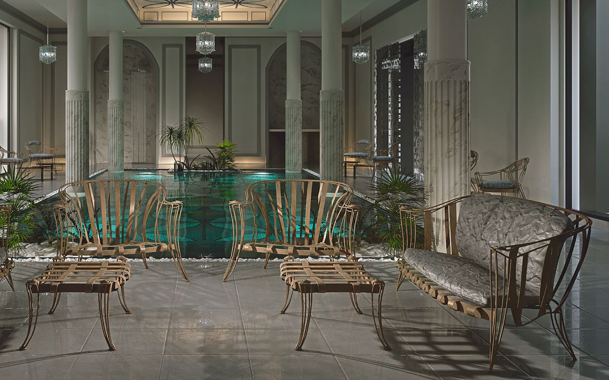 Sergio Villa Opus Garden sofas and poufs by indoor pool Sergio Villa Opus Garden sofas and poufs by indoor pool – Italian luxury outdoor furniture
