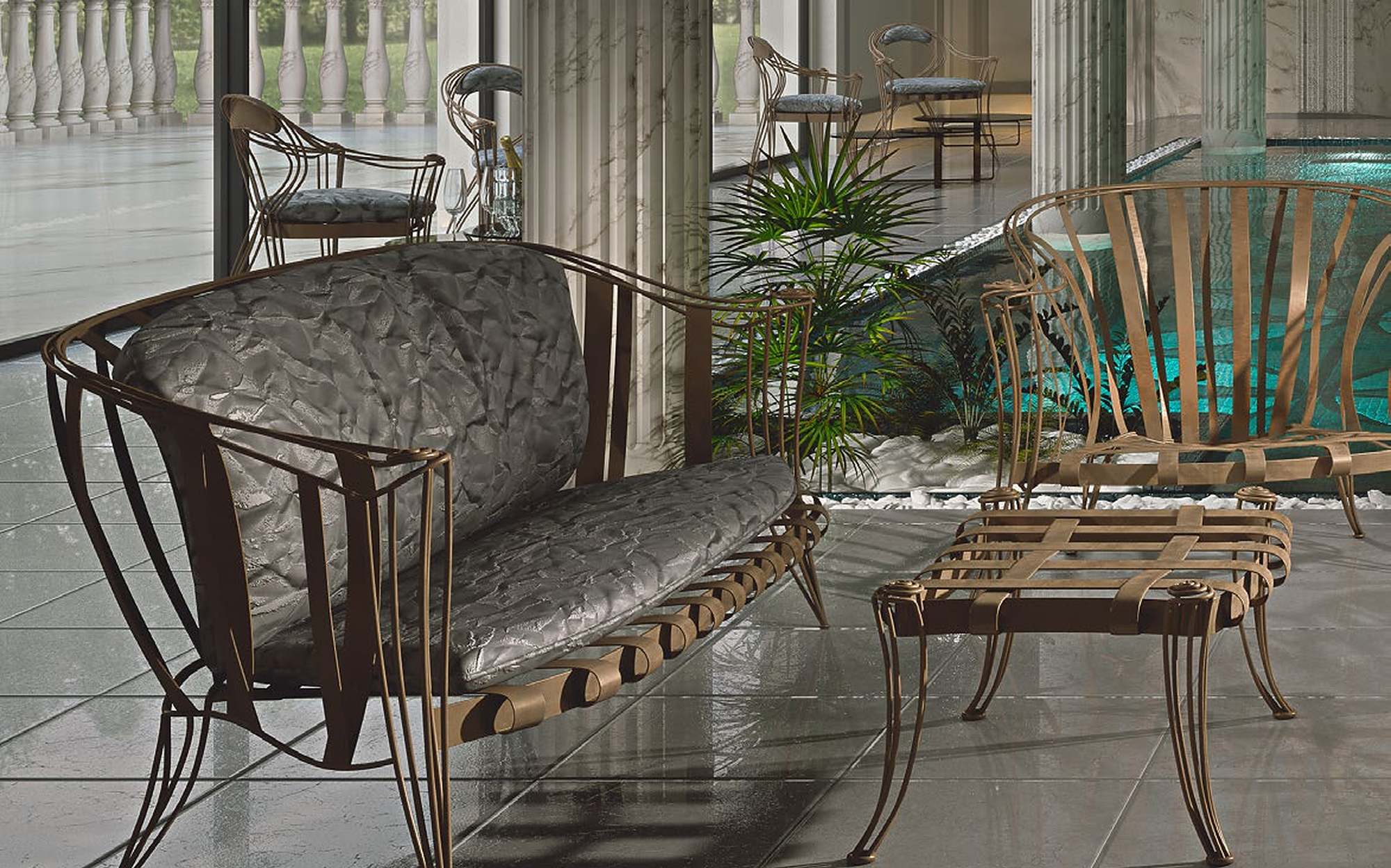 Sergio Villa Opus Garden sofa and pouf in bronze by the pool Sergio Villa Opus Garden sofa and pouf in bronze by the pool – Italian luxury outdoor furniture