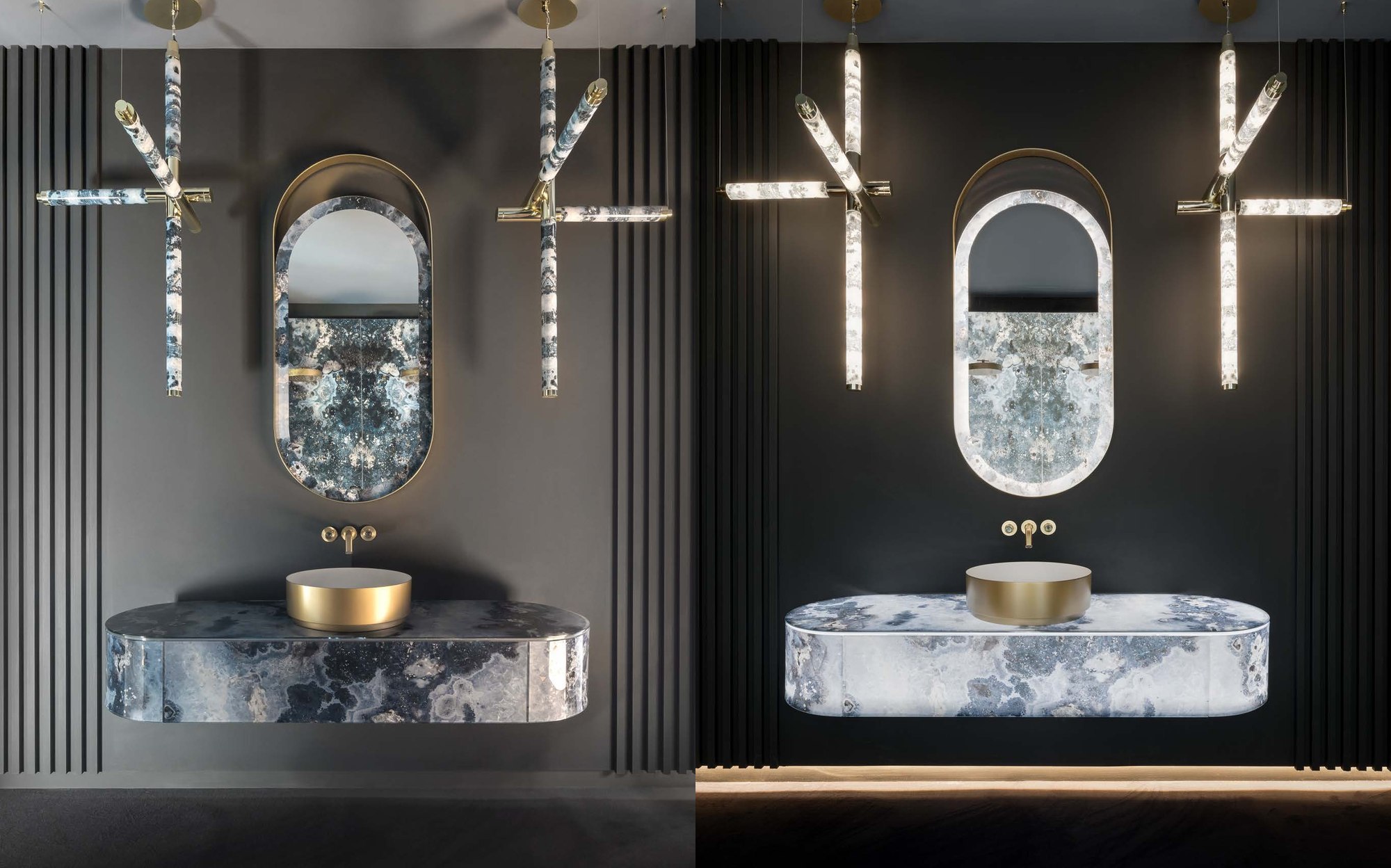 Sicis Elisyan washbasins with backlit oval mirrors Sicis Elisyan washbasins with backlit oval mirrors – Italian luxury bathroom furniture