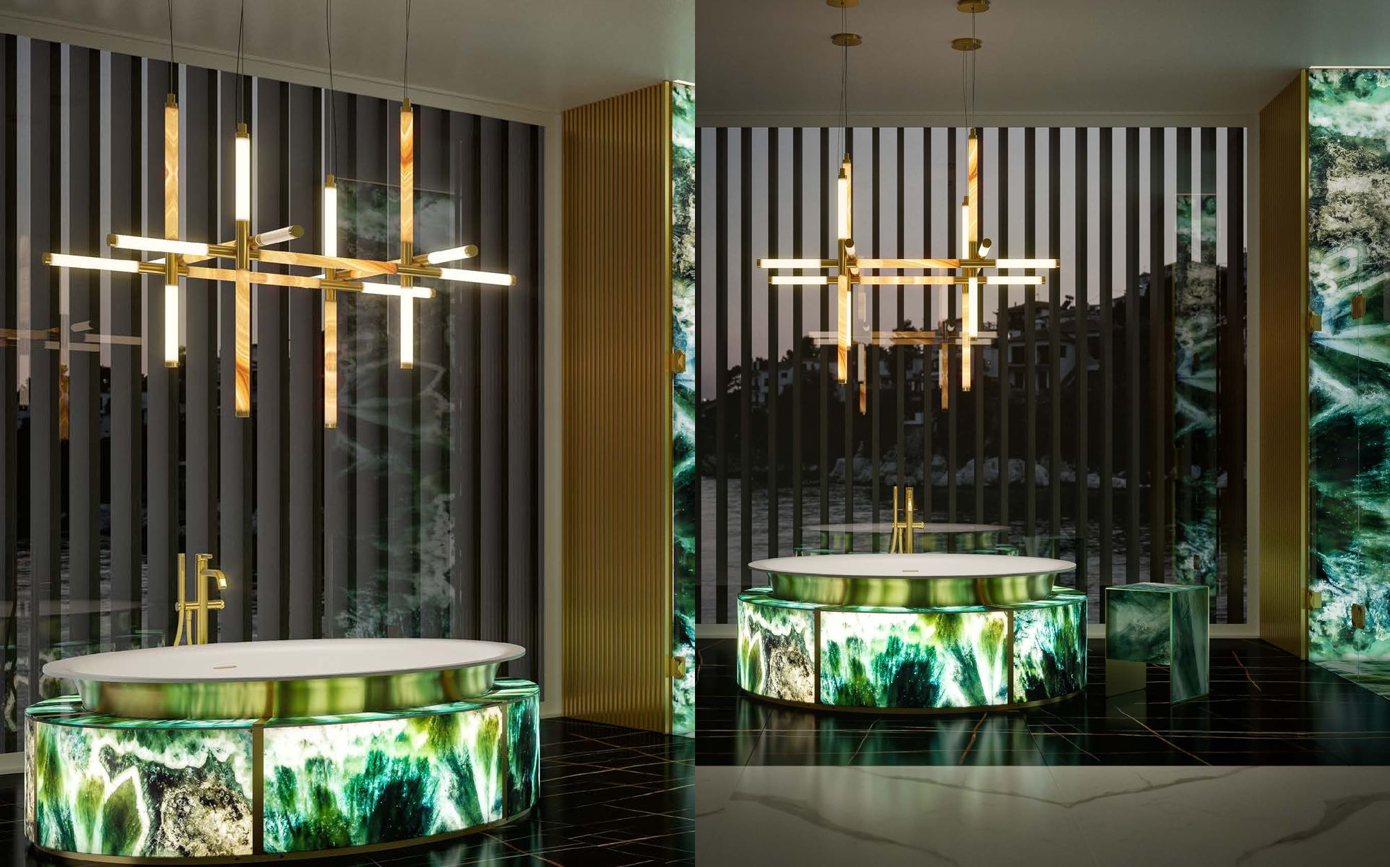 Sicis Elisyan green onyx bathtub with gold chandelier Sicis Elisyan green onyx bathtub with gold chandelier – Italian luxury bathroom furniture