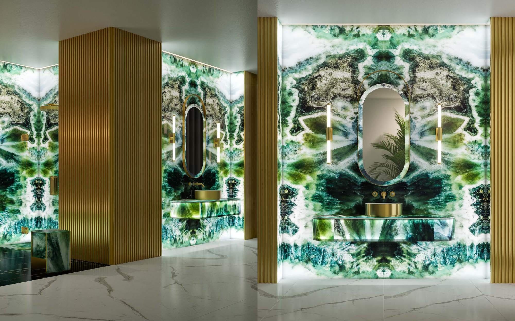 Sicis Elisyan green onyx bathroom with oval mirror Sicis Elisyan green onyx bathroom with oval mirror – Italian luxury bathroom furniture