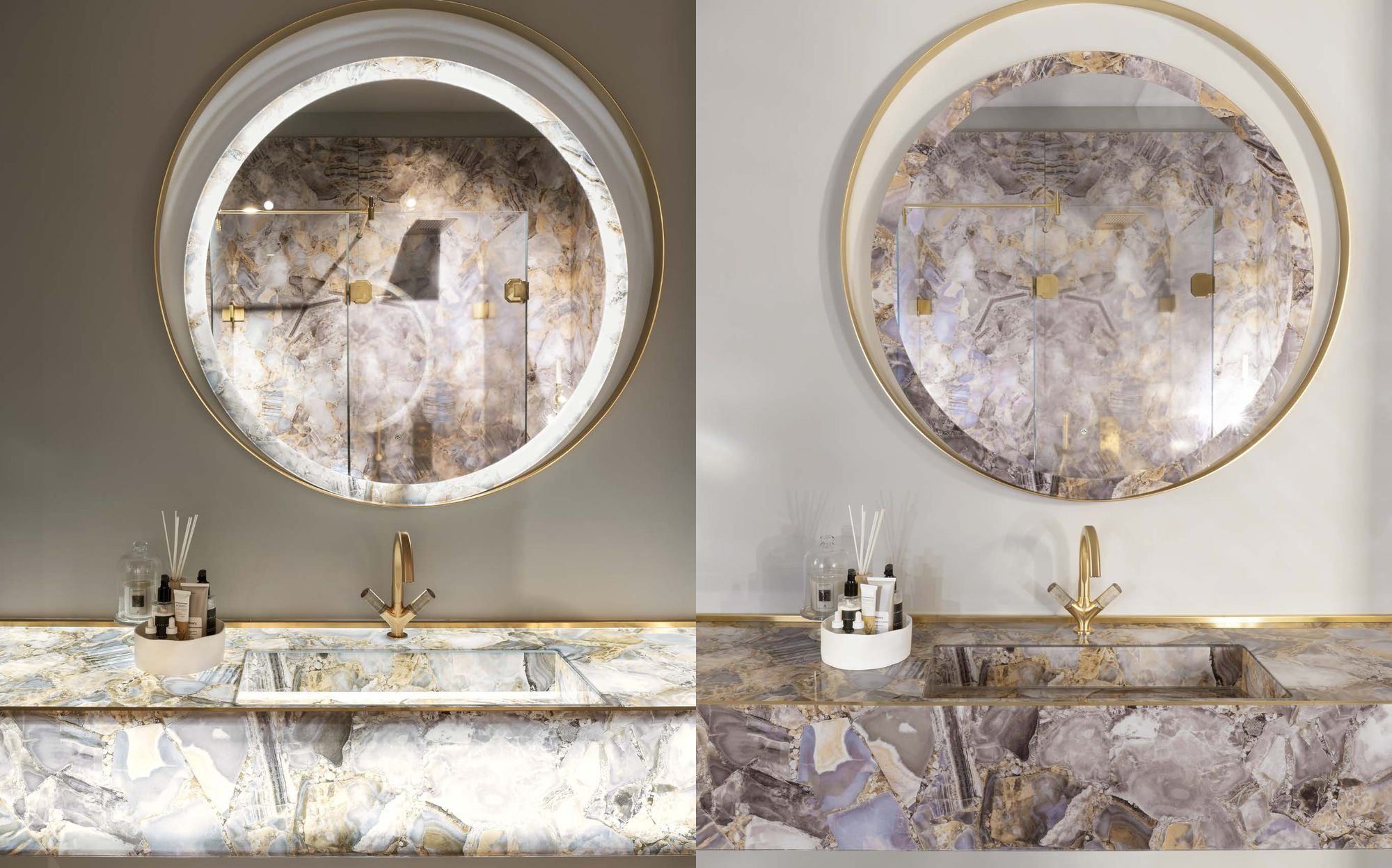 Sicis Elisyan washbasins with round backlit mirrors Sicis Elisyan washbasins with round backlit mirrors – Italian luxury bathroom furniture