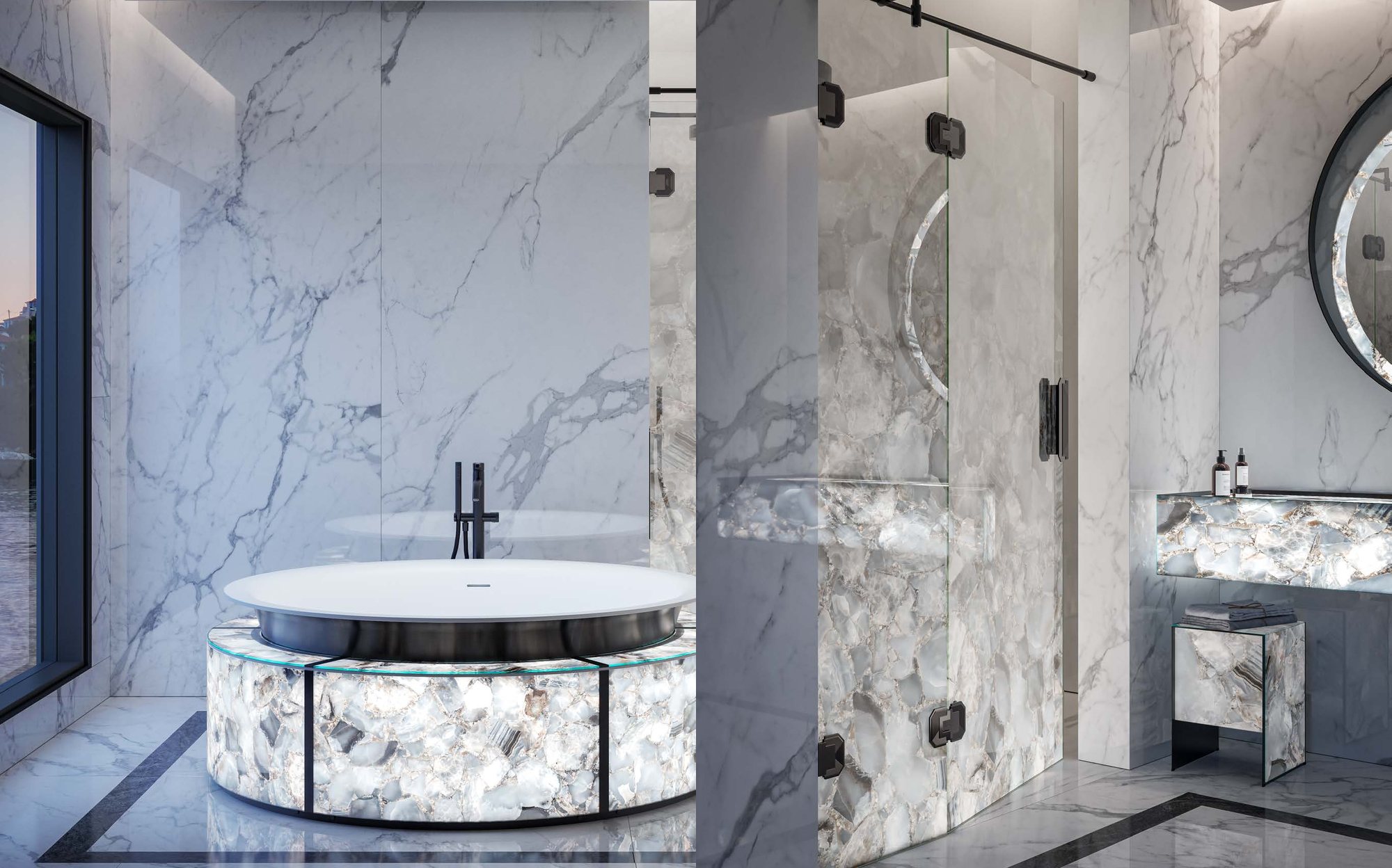 Sicis Elisyan white marble bathroom with round bathtub Sicis Elisyan white marble bathroom with round bathtub – Italian luxury bathroom furniture