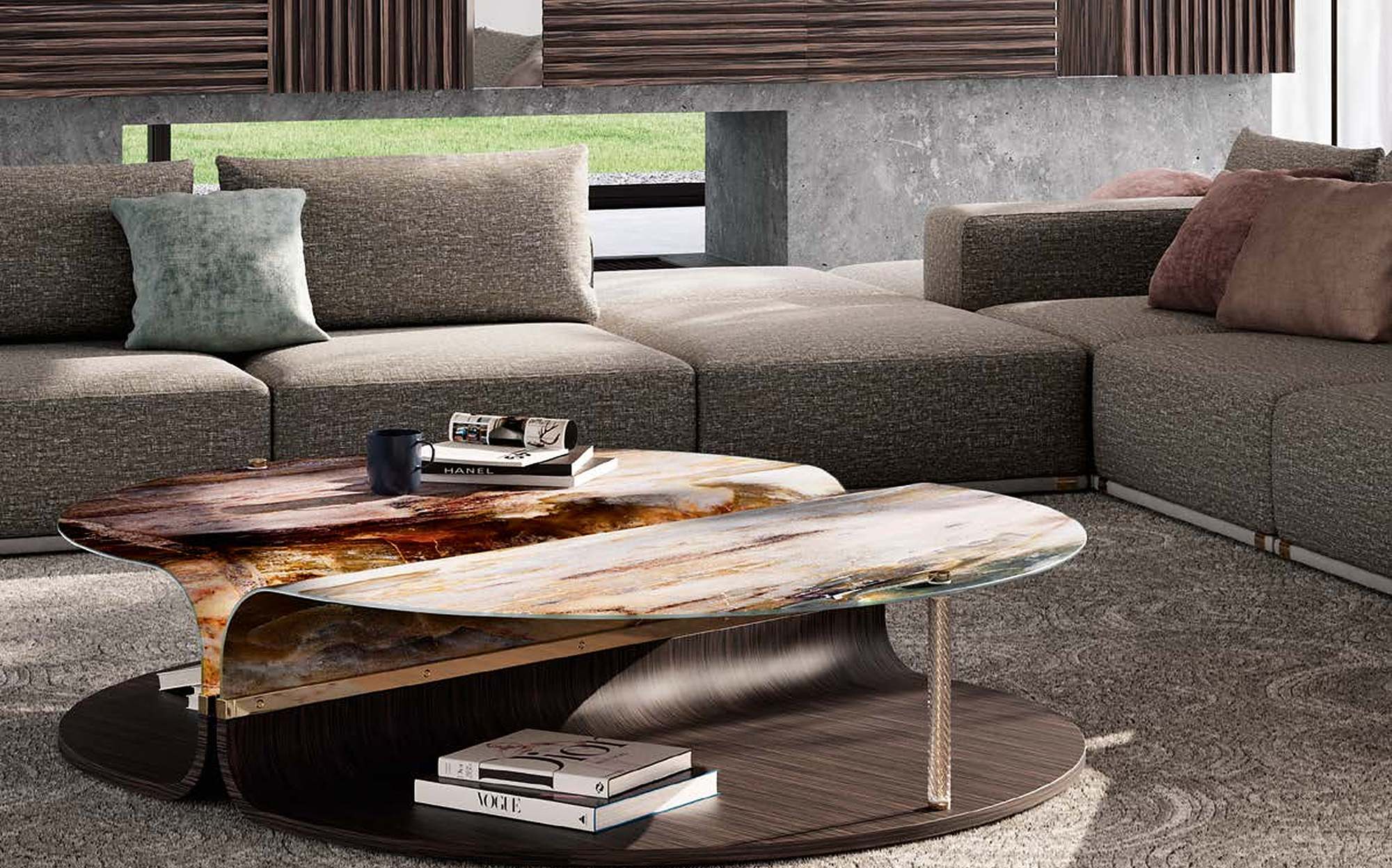 Sicis Mars coffee table in marble effect glass with modular sofa Sicis Mars coffee table in marble effect glass with modular sofa – Italian luxury coffee table