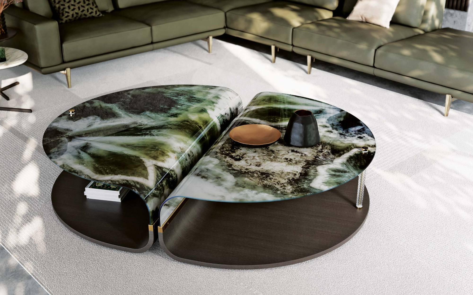 Sicis Mars coffee tables in green stone with sofa Sicis Mars coffee tables in green stone with sofa – Italian luxury coffee table
