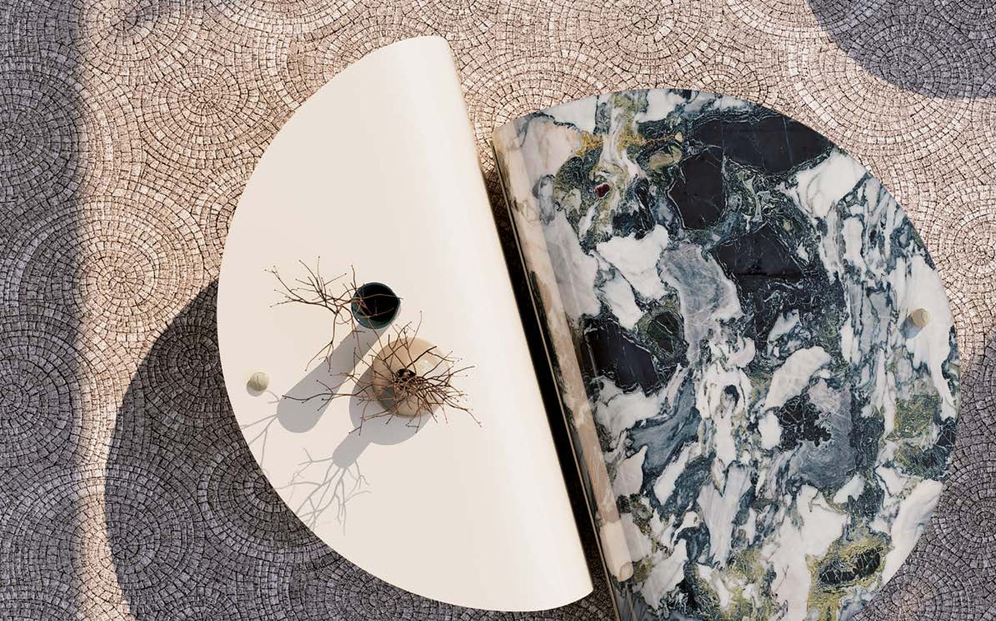 Sicis Mars coffee tables in ivory and stone top view Sicis Mars coffee tables in ivory and stone top view – Italian luxury coffee table