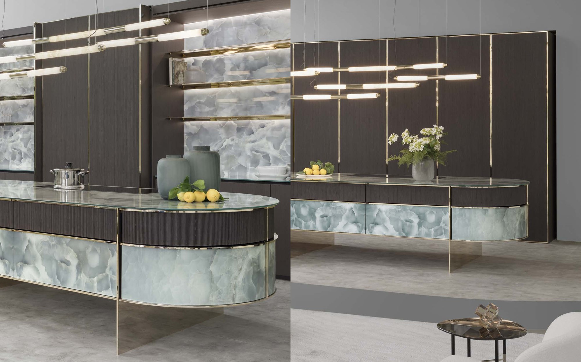 Sicis Rialto Kitchen кухонный остров из зелёного оникса с высокими шкафами Sicis Rialto Kitchen кухонный остров из зелёного оникса с высокими шкафами – итальянская кухня люкс