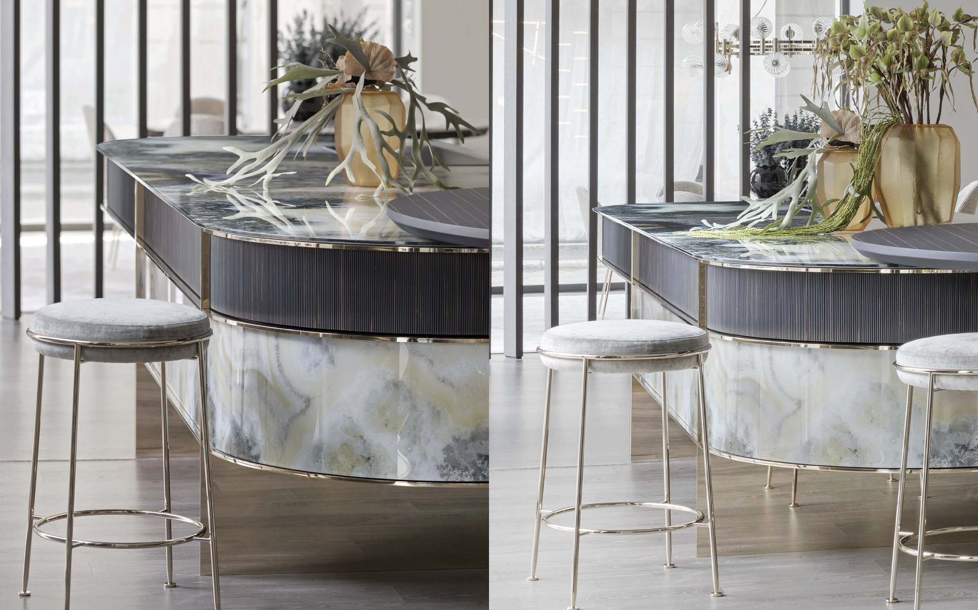 Sicis Rialto Kitchen изогнутый кухонный остров с барными стульями Sicis Rialto Kitchen изогнутый кухонный остров с барными стульями – итальянская кухня люкс