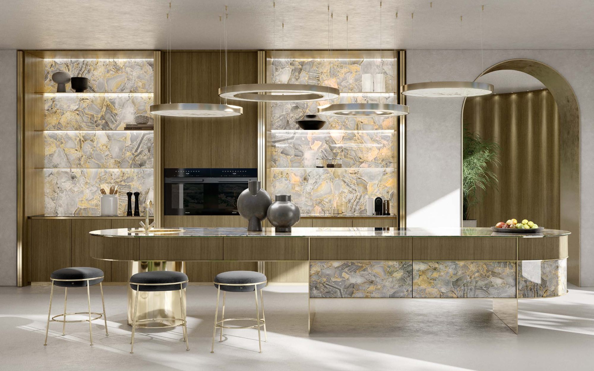 Sicis Rialto Kitchen кухня с каменными настенными шкафами и островом Sicis Rialto Kitchen кухня с каменными настенными шкафами и островом – итальянская кухня люкс