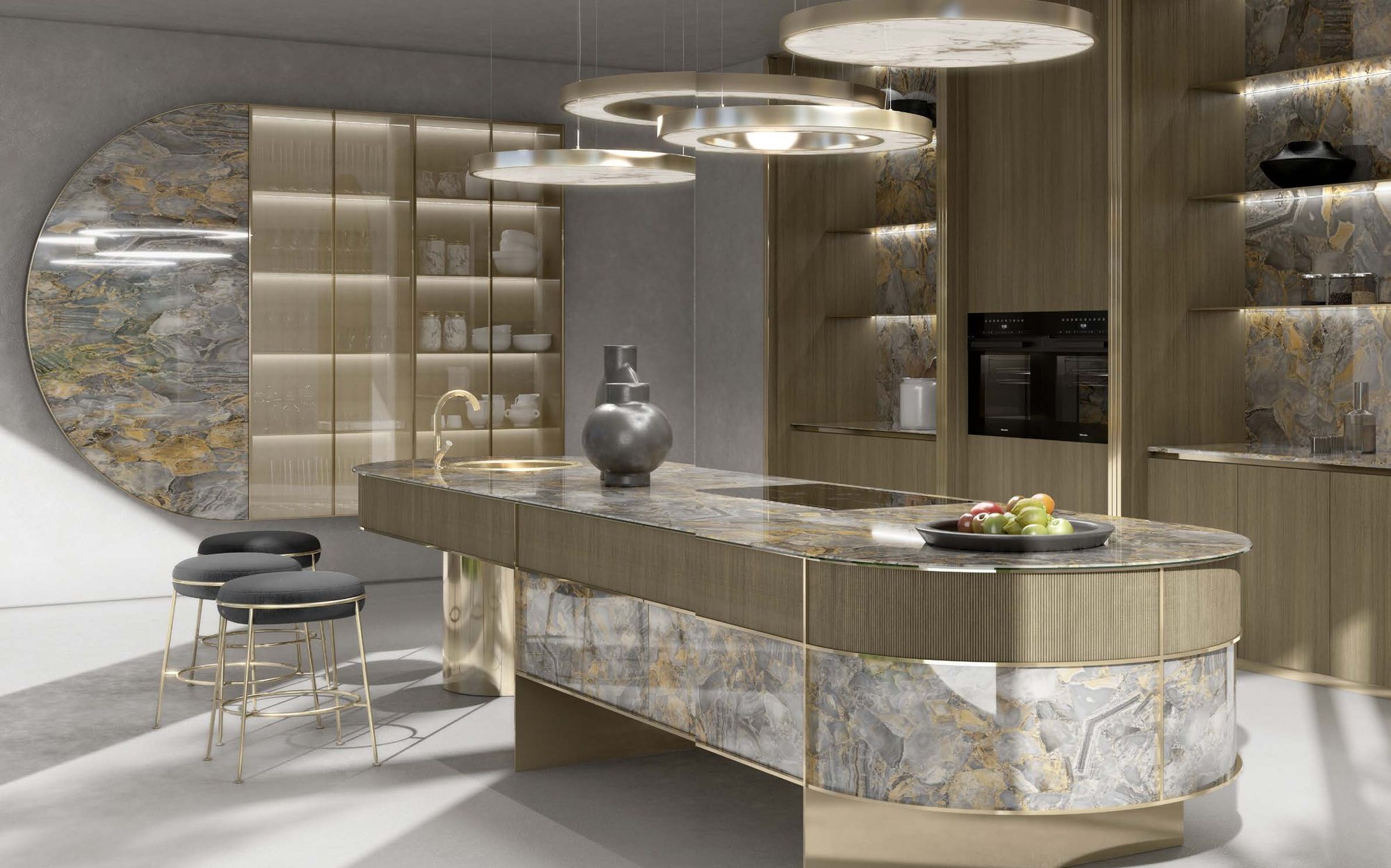 Sicis Rialto Kitchen овальный кухонный остров из камня с кольцевыми светильниками Sicis Rialto Kitchen овальный кухонный остров из камня с кольцевыми светильниками – итальянская кухня люкс