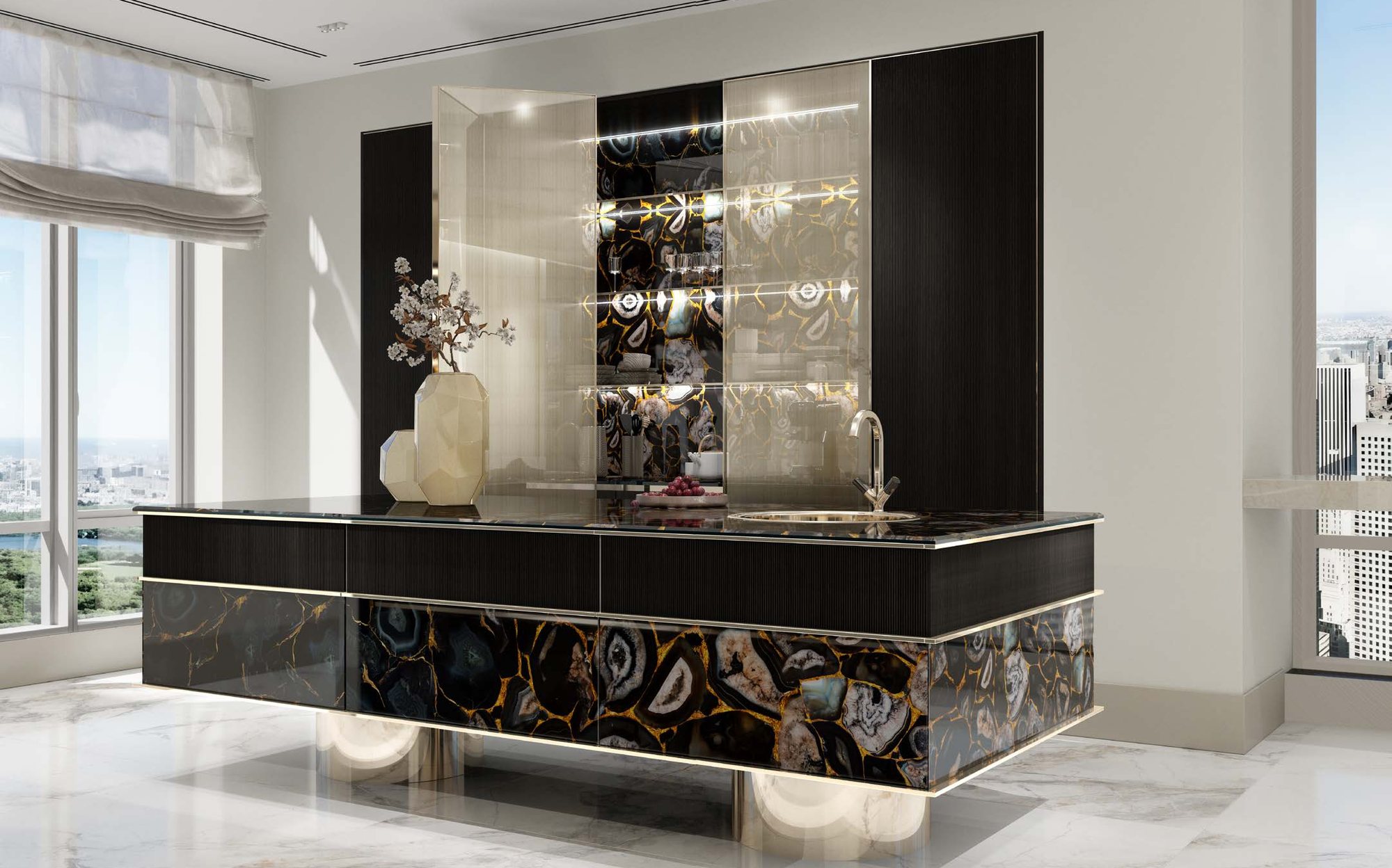 Sicis Rialto Kitchen кухонный остров с фасадом из агата и видом Sicis Rialto Kitchen кухонный остров с фасадом из агата и видом – итальянская кухня люкс