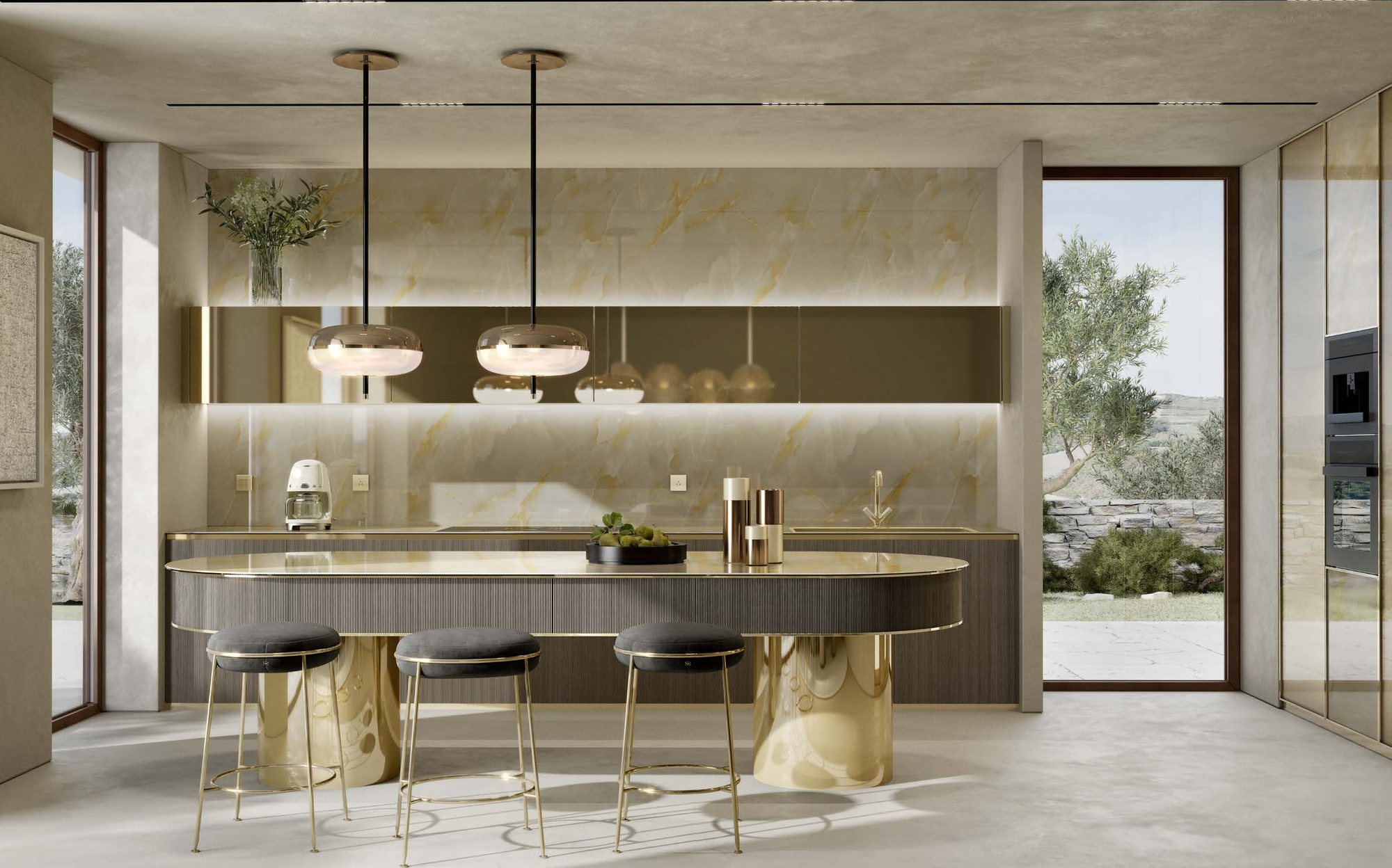 Sicis Rialto Kitchen кухня со стеной из оникса и островом на золотом основании Sicis Rialto Kitchen кухня со стеной из оникса и островом на золотом основании – итальянская кухня люкс