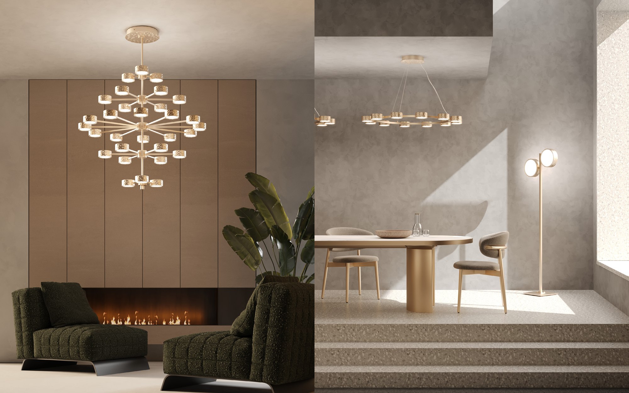 Stillux Limelight multi-light chandelier in lounge with fireplace Stillux Limelight multi-light chandelier in lounge with fireplace – Italian luxury lighting