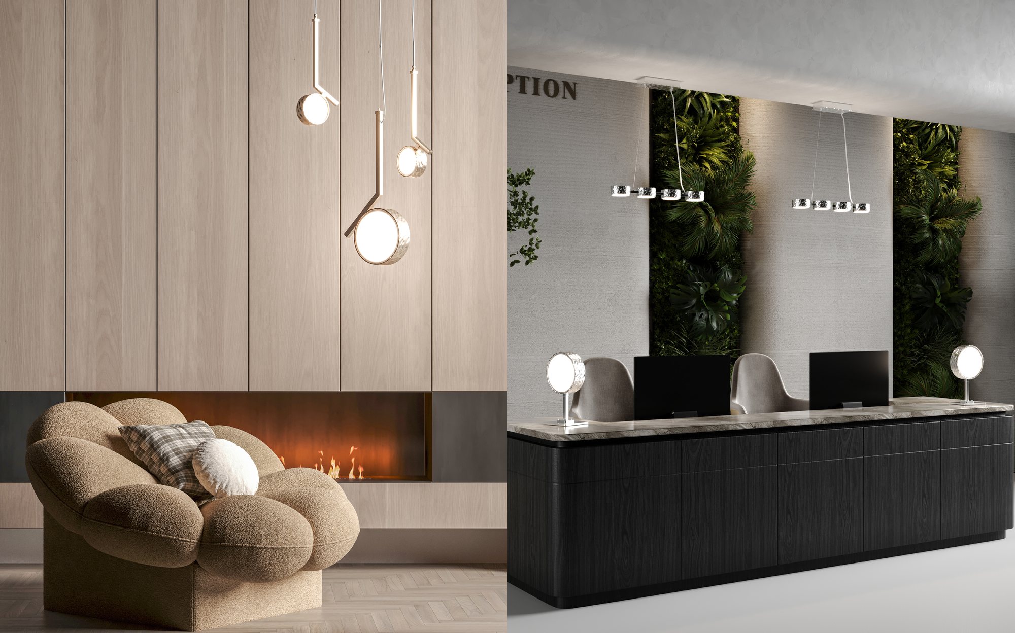 Stillux Limelight pendant lamps in lounge and reception Stillux Limelight pendant lamps in lounge and reception – Italian luxury lighting
