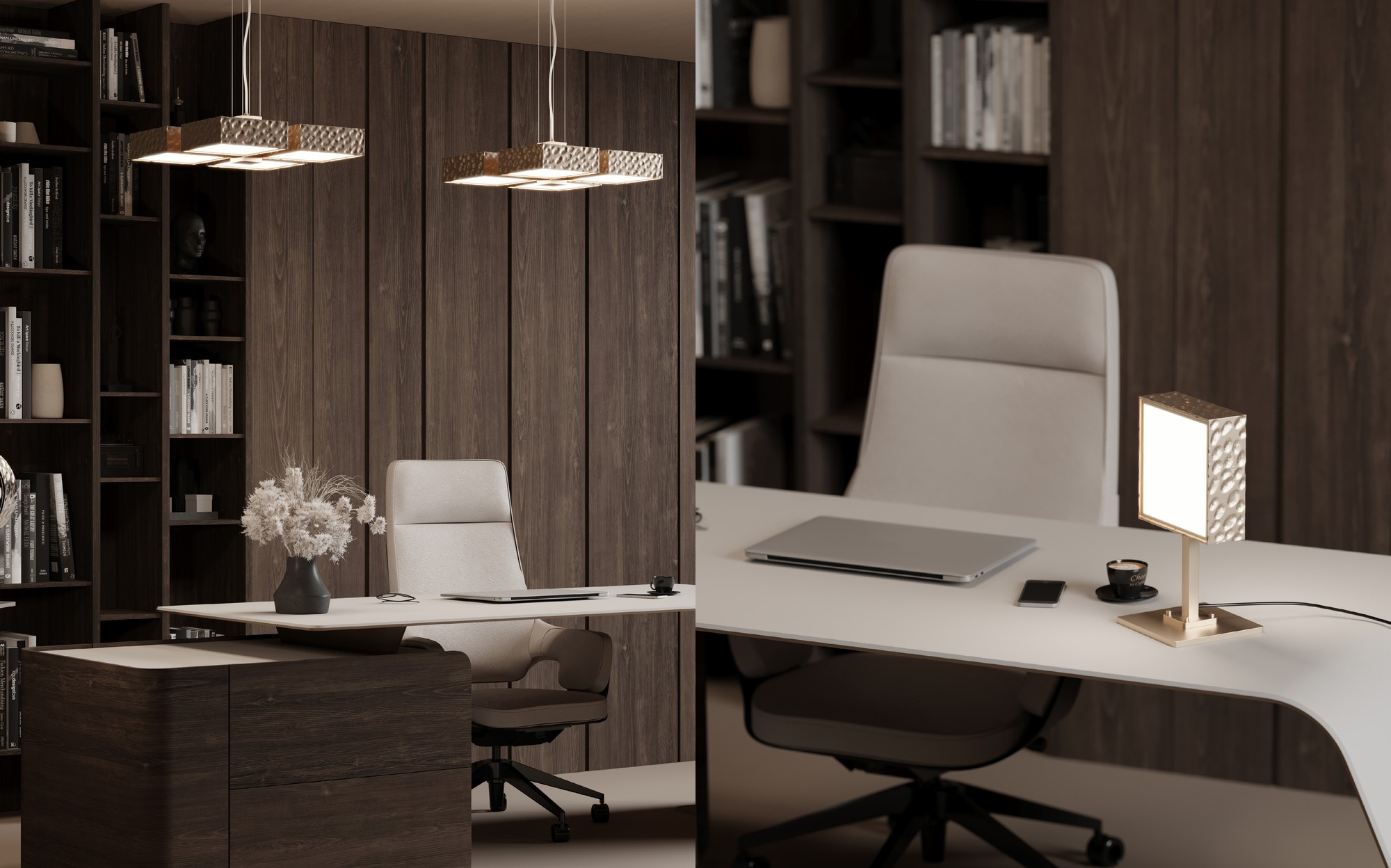Stillux Limelight square pendants in office and table lamp Stillux Limelight square pendants in office and table lamp – Italian luxury lighting
