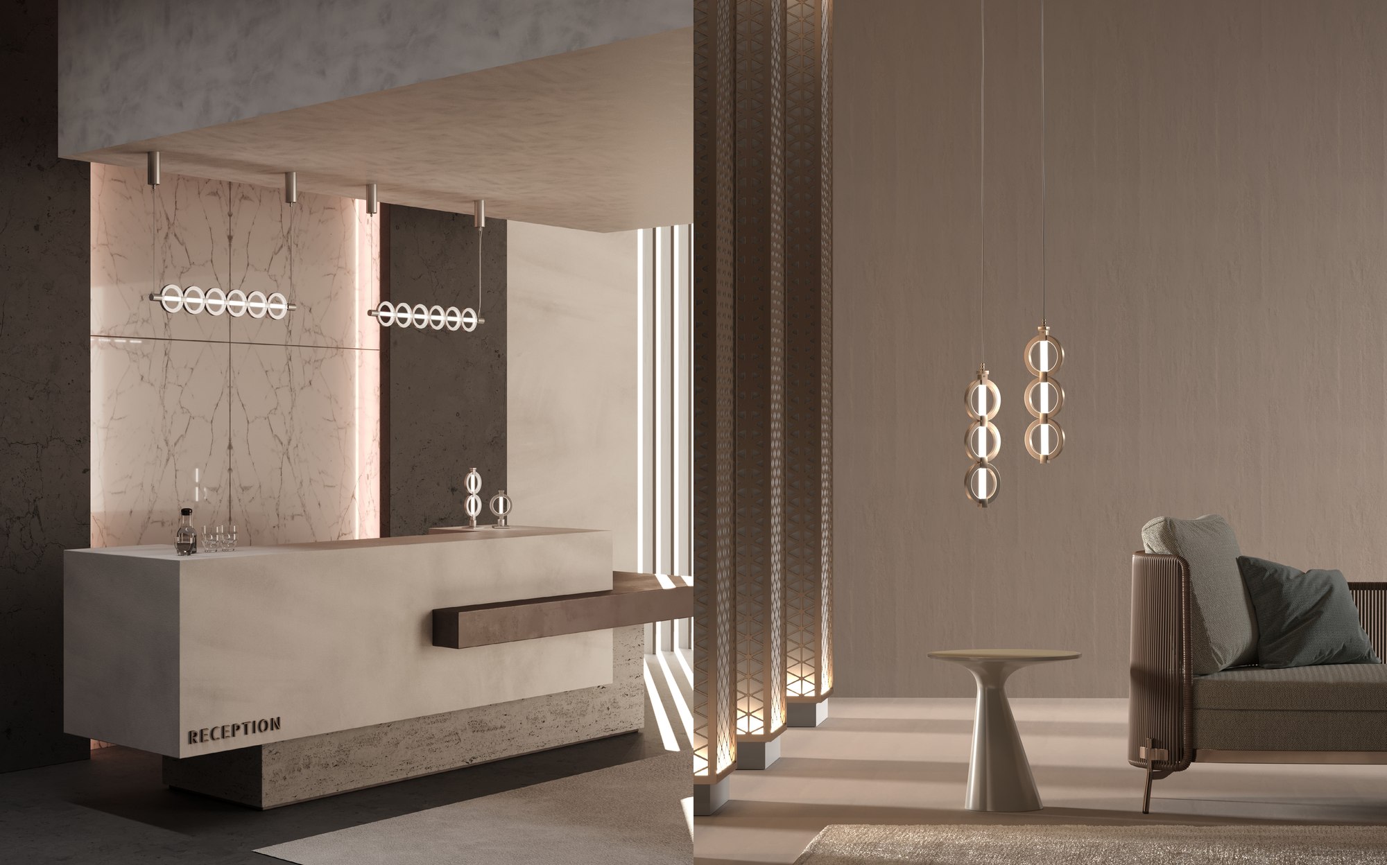 Stillux Limelight linear pendants at reception and lounge Stillux Limelight linear pendants at reception and lounge – Italian luxury lighting