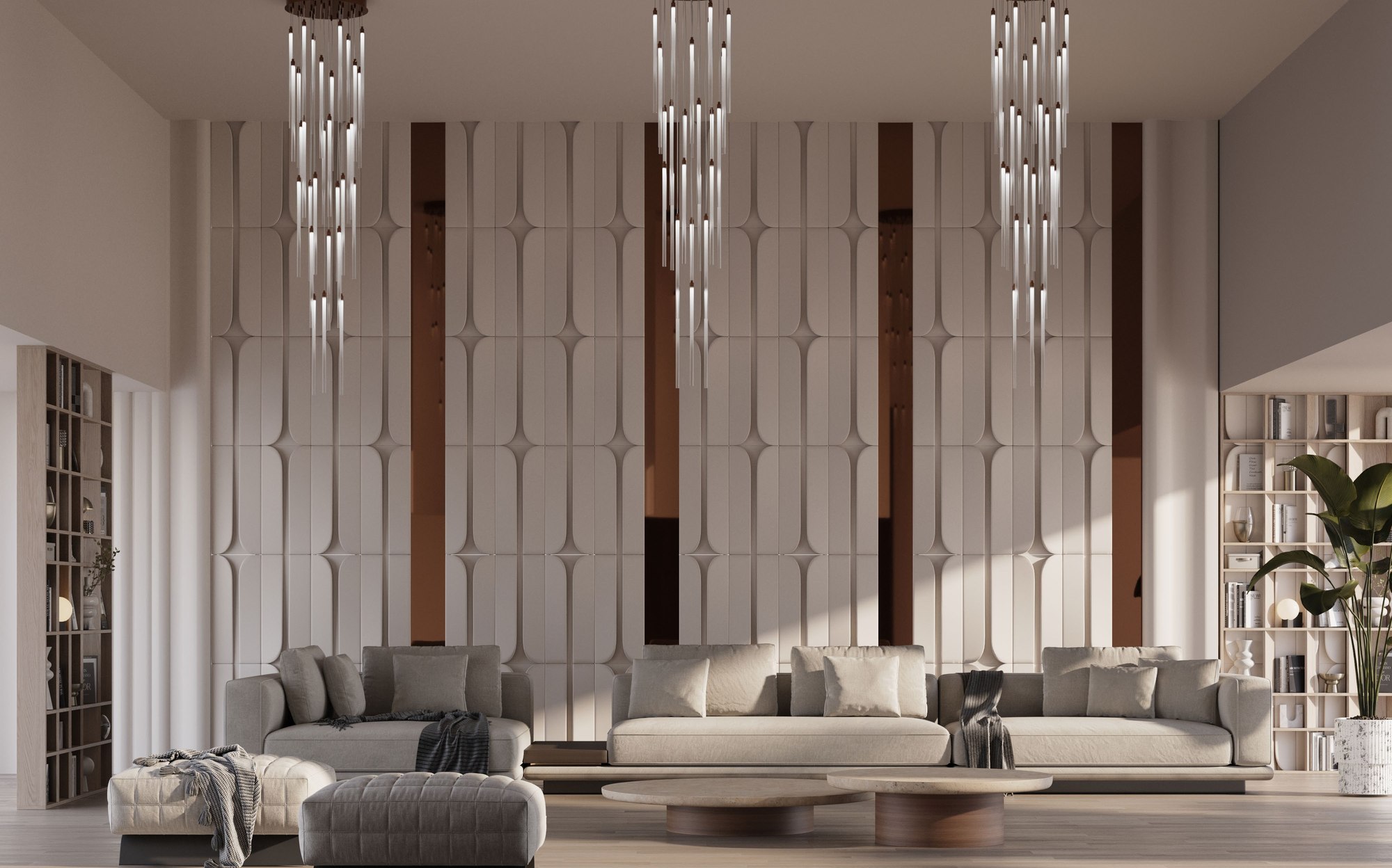 Stillux The Gallery cascade chandeliers in double height living room Stillux The Gallery cascade chandeliers in double height living room – Italian luxury lighting