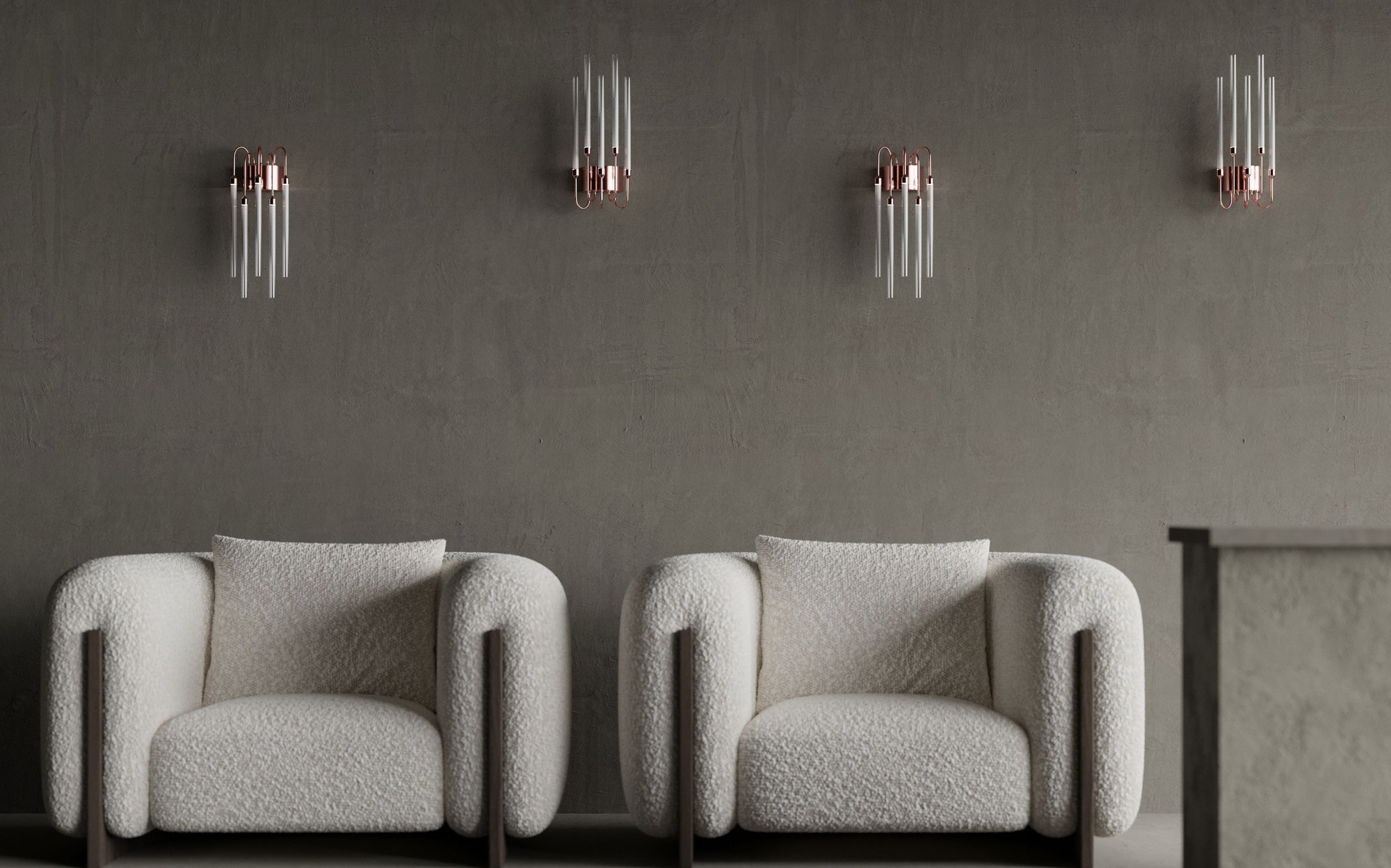 Stillux The Gallery glass wall sconces above boucle armchairs Stillux The Gallery glass wall sconces above boucle armchairs – Italian luxury lighting