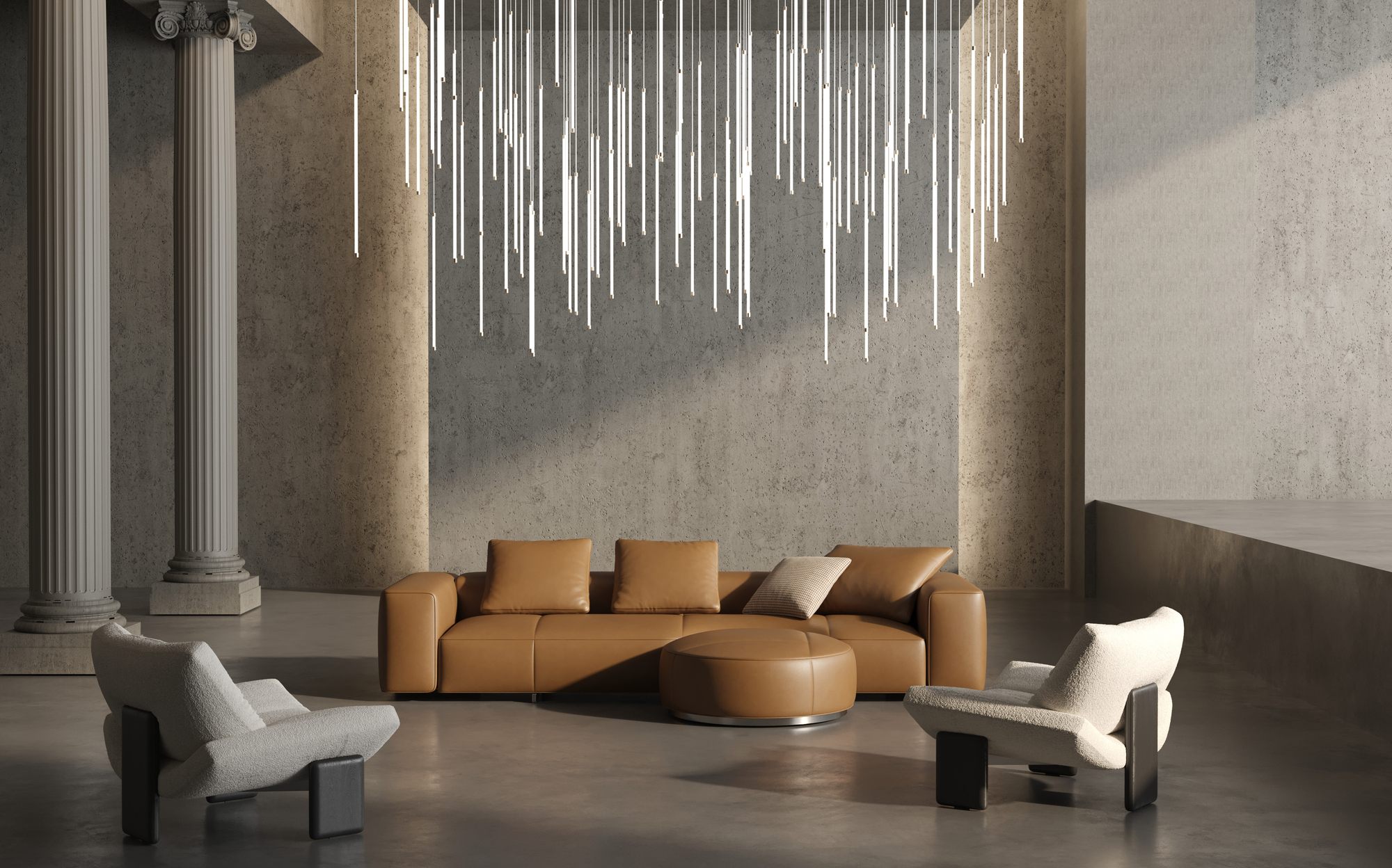 Stillux The Line cascade linear chandelier in double height lounge Stillux The Line cascade linear chandelier in double height lounge – Italian luxury lighting