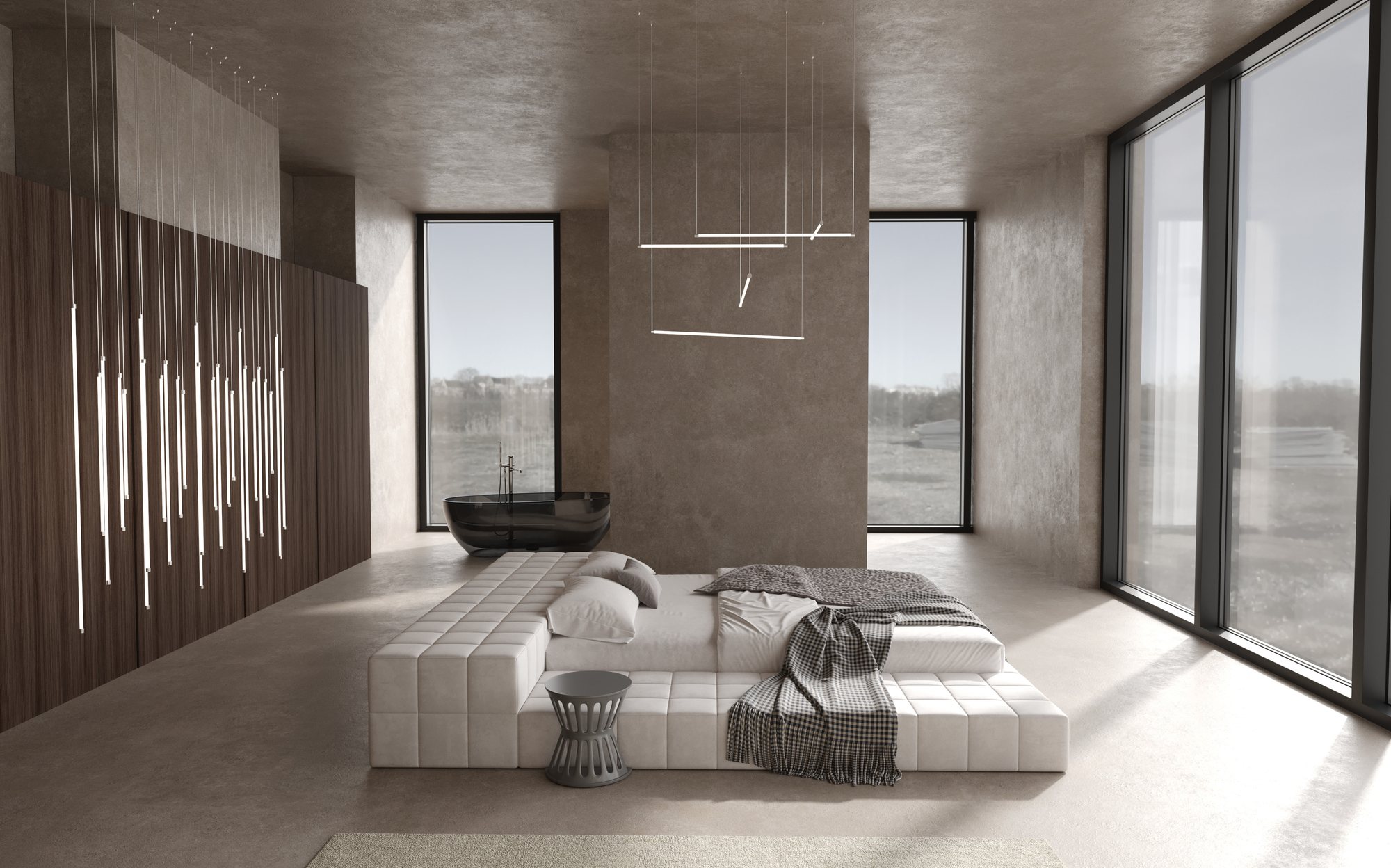 Stillux The Line linear suspension in loft bedroom Stillux The Line linear suspension in loft bedroom – Italian luxury lighting
