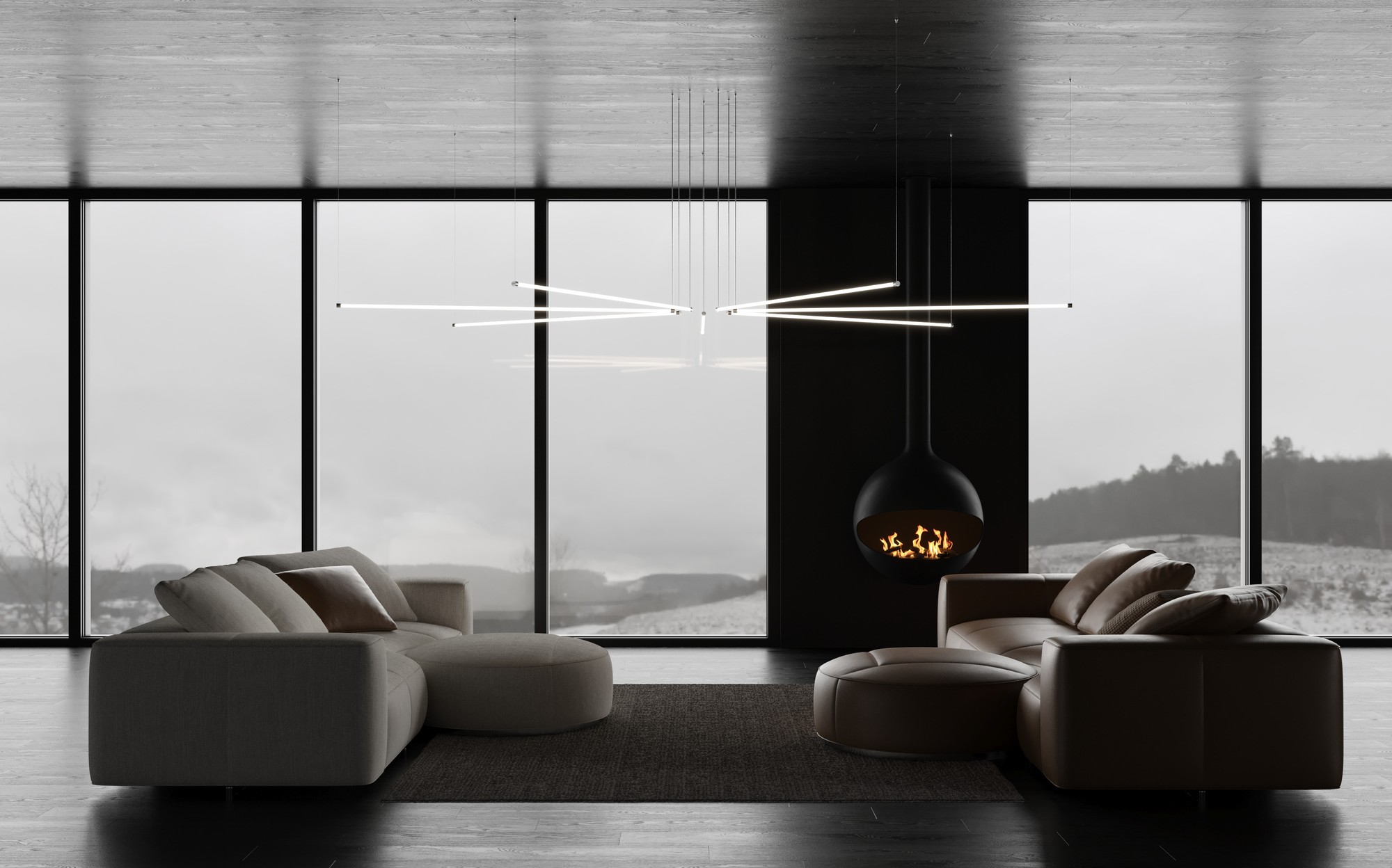 Stillux The Line linear chandelier in living room with fireplace Stillux The Line linear chandelier in living room with fireplace – Italian luxury lighting