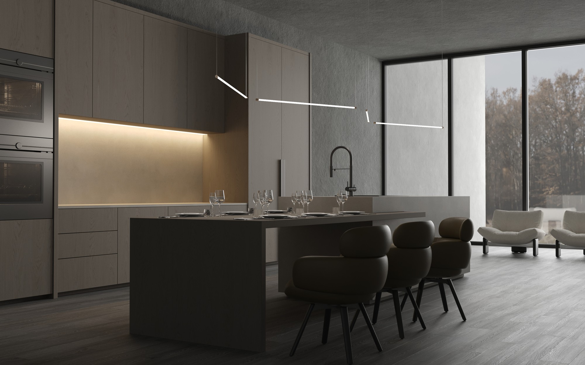 Stillux The Line linear lights over kitchen and dining area Stillux The Line linear lights over kitchen and dining area – Italian luxury lighting