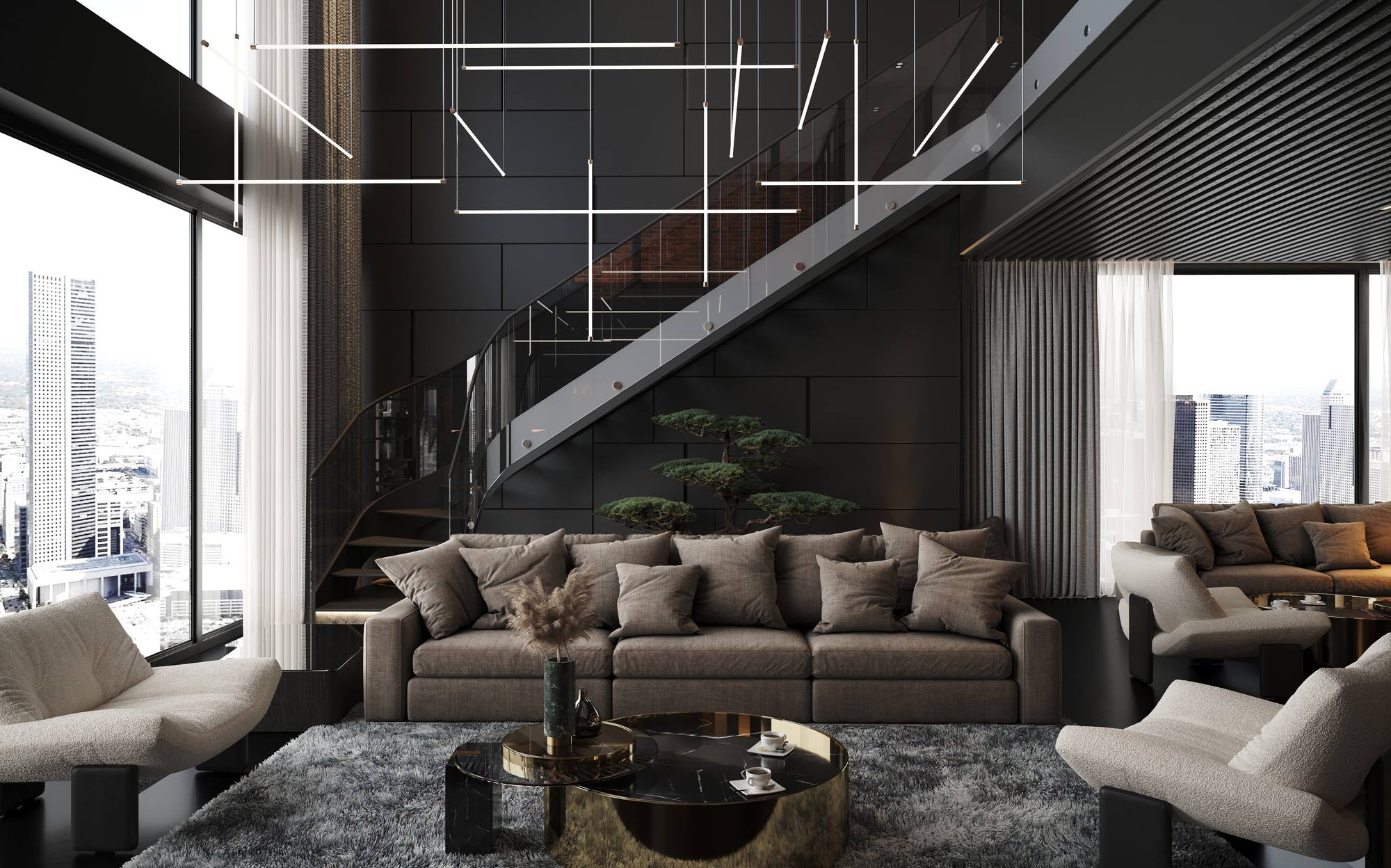 Stillux The Line linear composition over lounge and staircase Stillux The Line linear composition over lounge and staircase – Italian luxury lighting