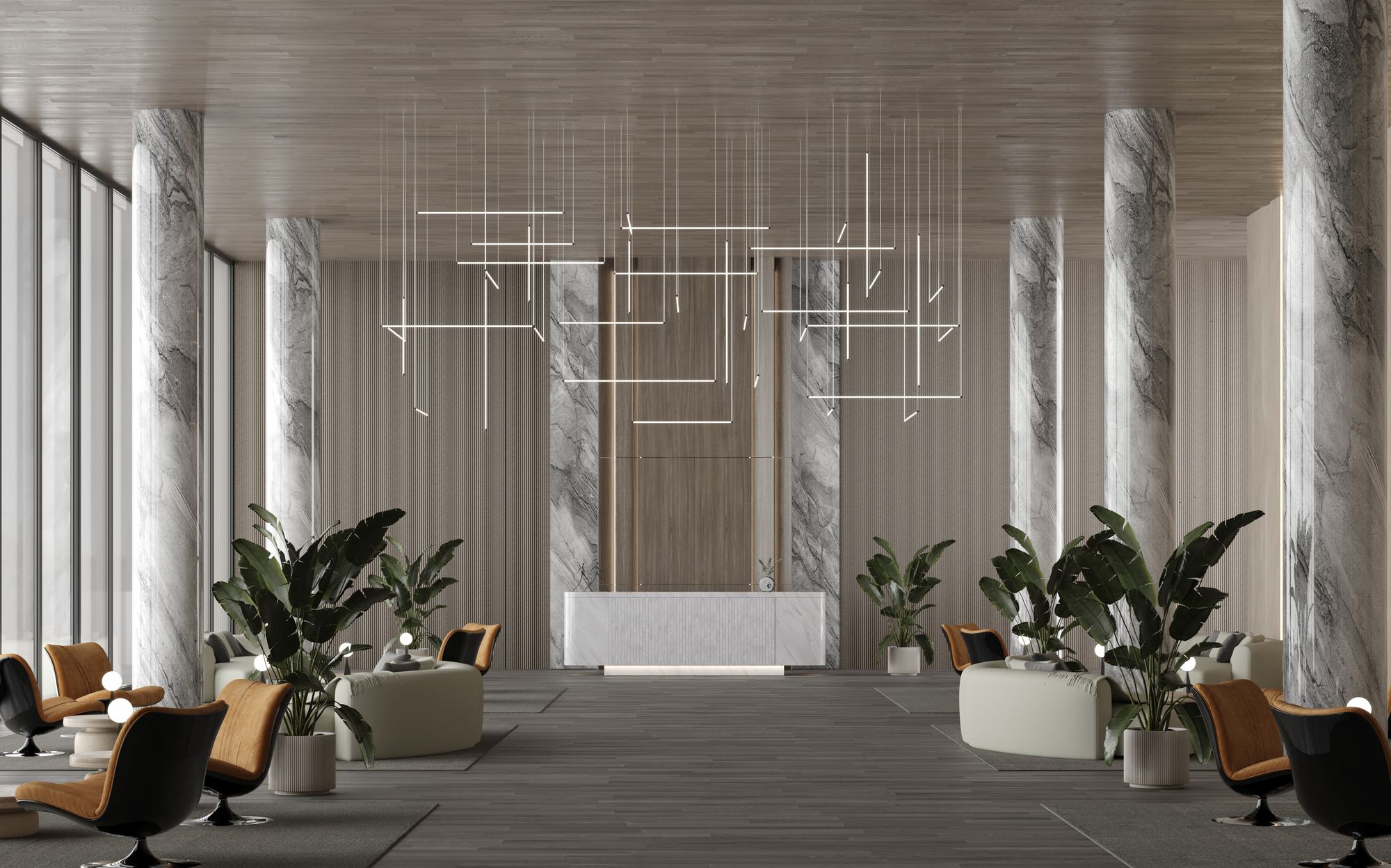Stillux The Line linear grid composition in hotel lobby Stillux The Line linear grid composition in hotel lobby – Italian luxury lighting