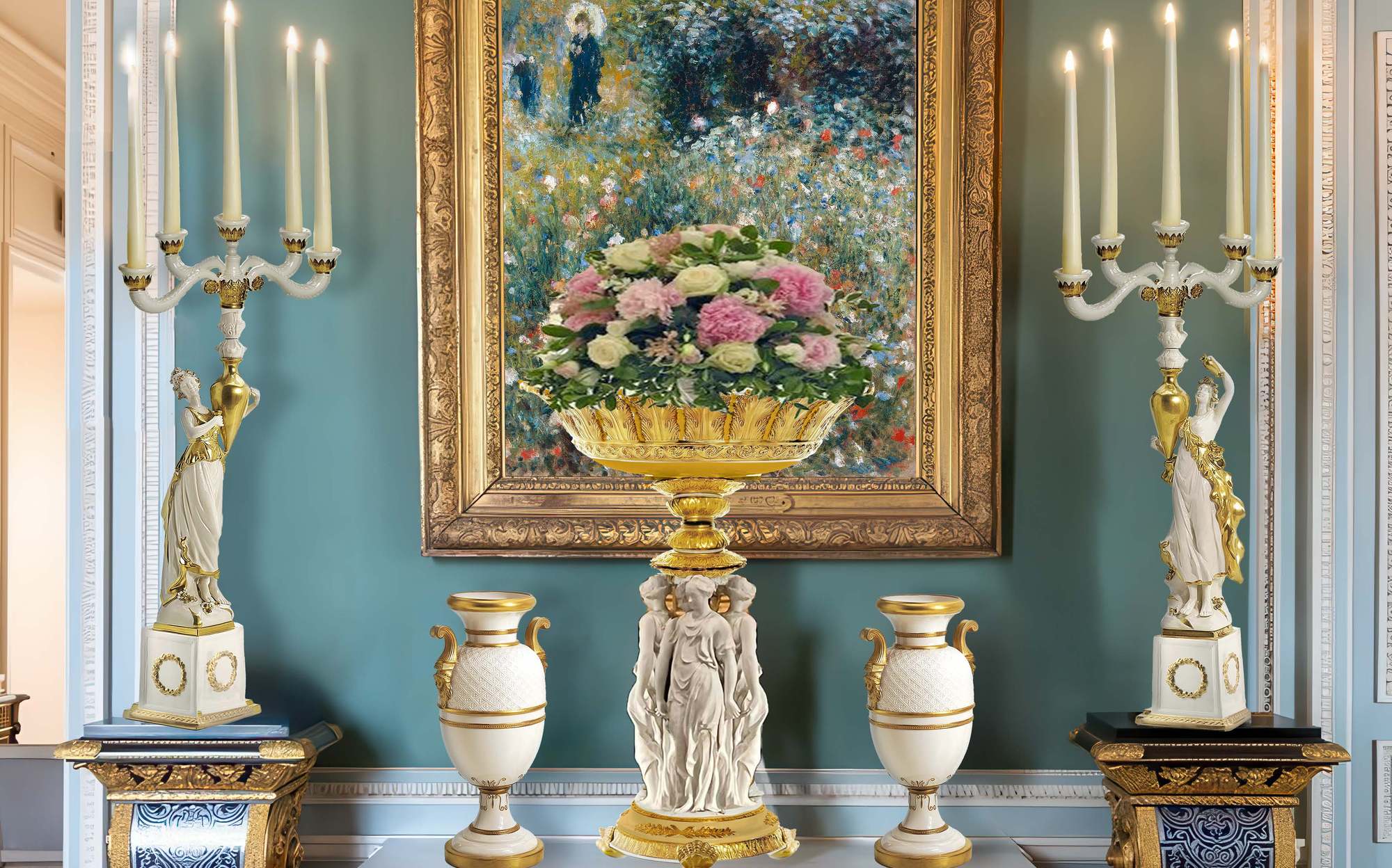 Villari Grande Impero candelabra and centrepiece with vases Villari Grande Impero candelabra and centrepiece with vases – Italian luxury porcelain