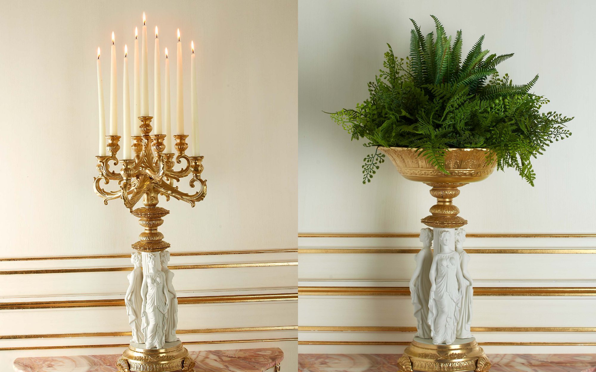 Villari Grande Impero candelabrum and planter with caryatids Villari Grande Impero candelabrum and planter with caryatids – Italian luxury porcelain