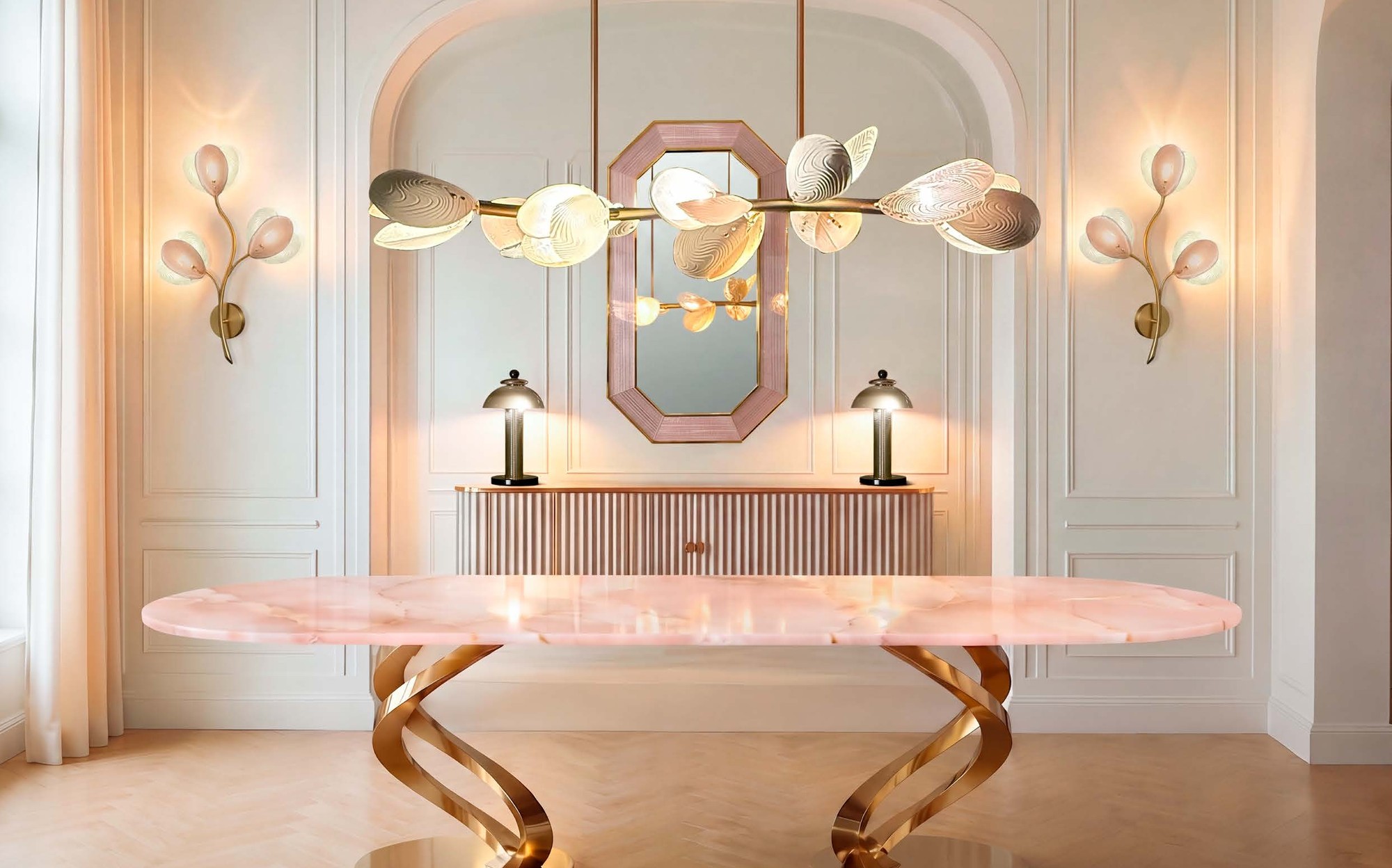 Villari Home Couture pink onyx dining table with chandelier and wall lamps &ndash; Italian luxury porcelain