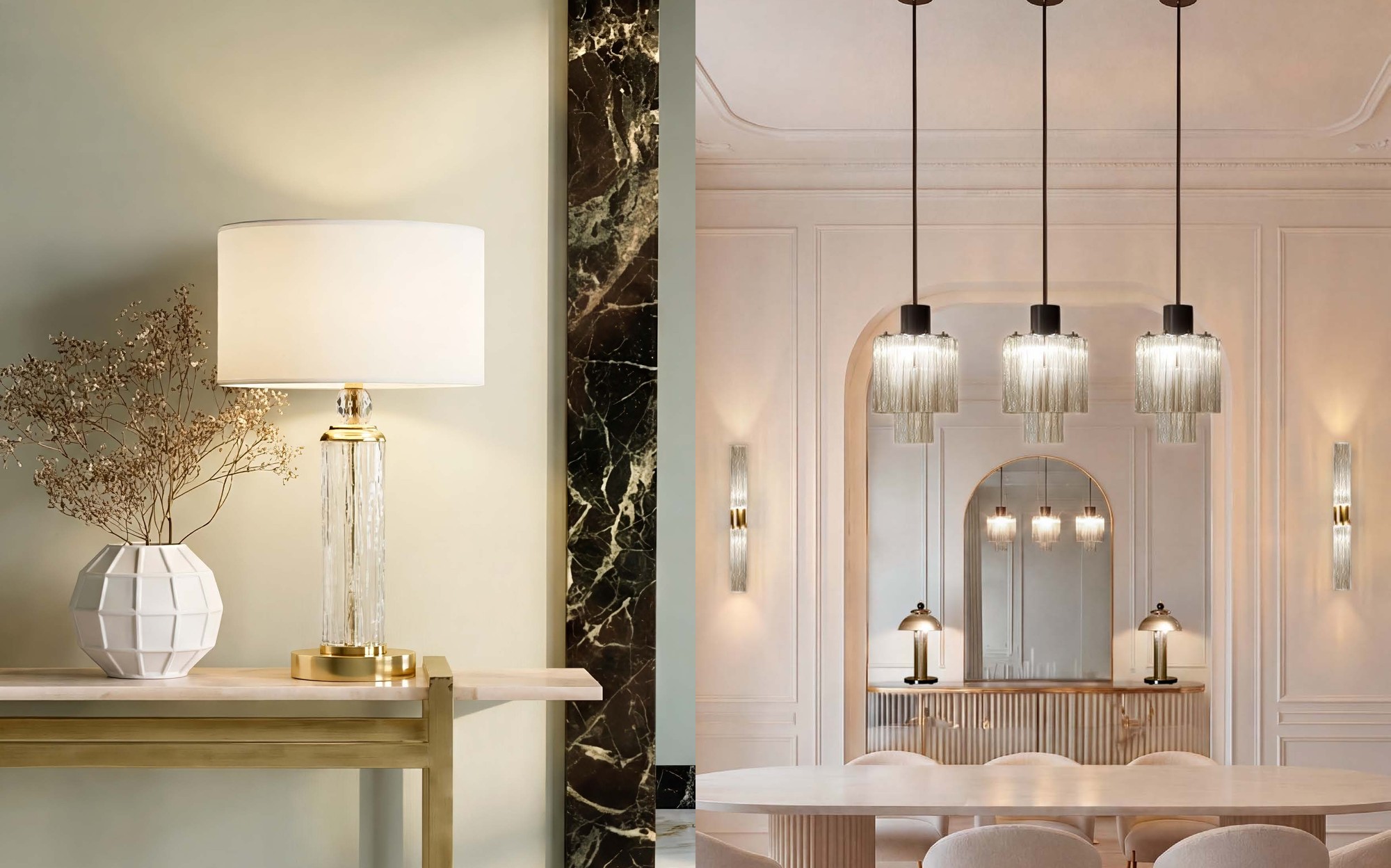 Villari Home Couture table lamp and pendant lamps in dining room &ndash; Italian luxury porcelain