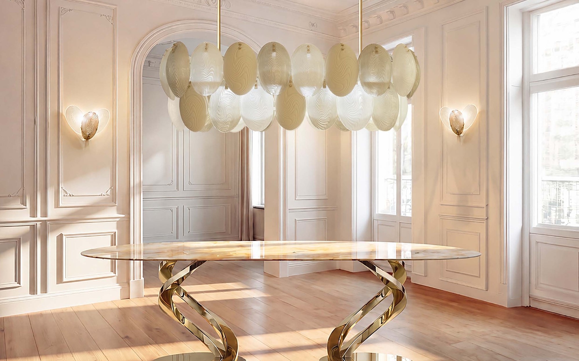 Villari Home Couture oval dining table with Murano glass chandelier &ndash; Italian luxury porcelain