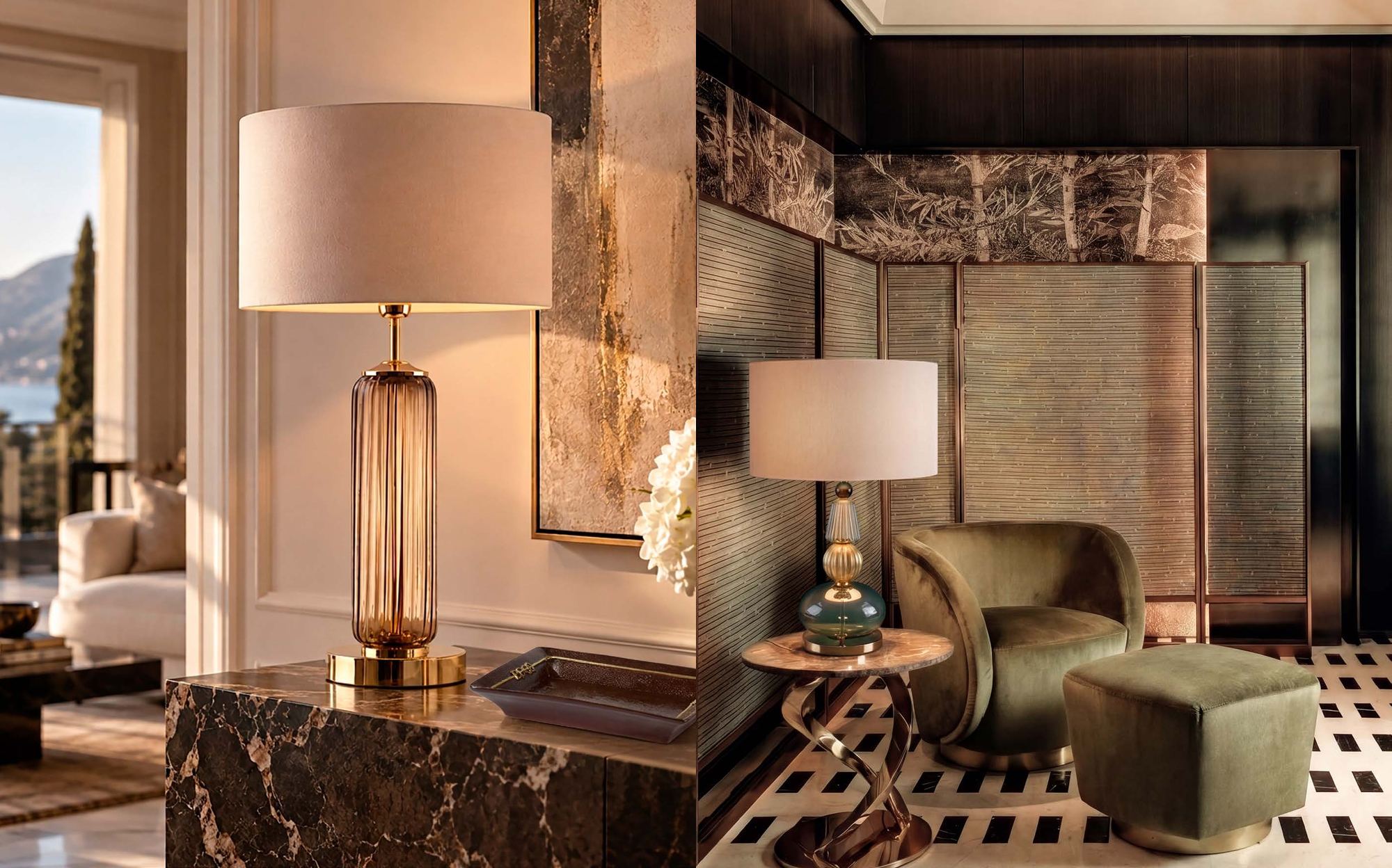Villari Home Couture table lamps and armchair in living room &ndash; Italian luxury porcelain