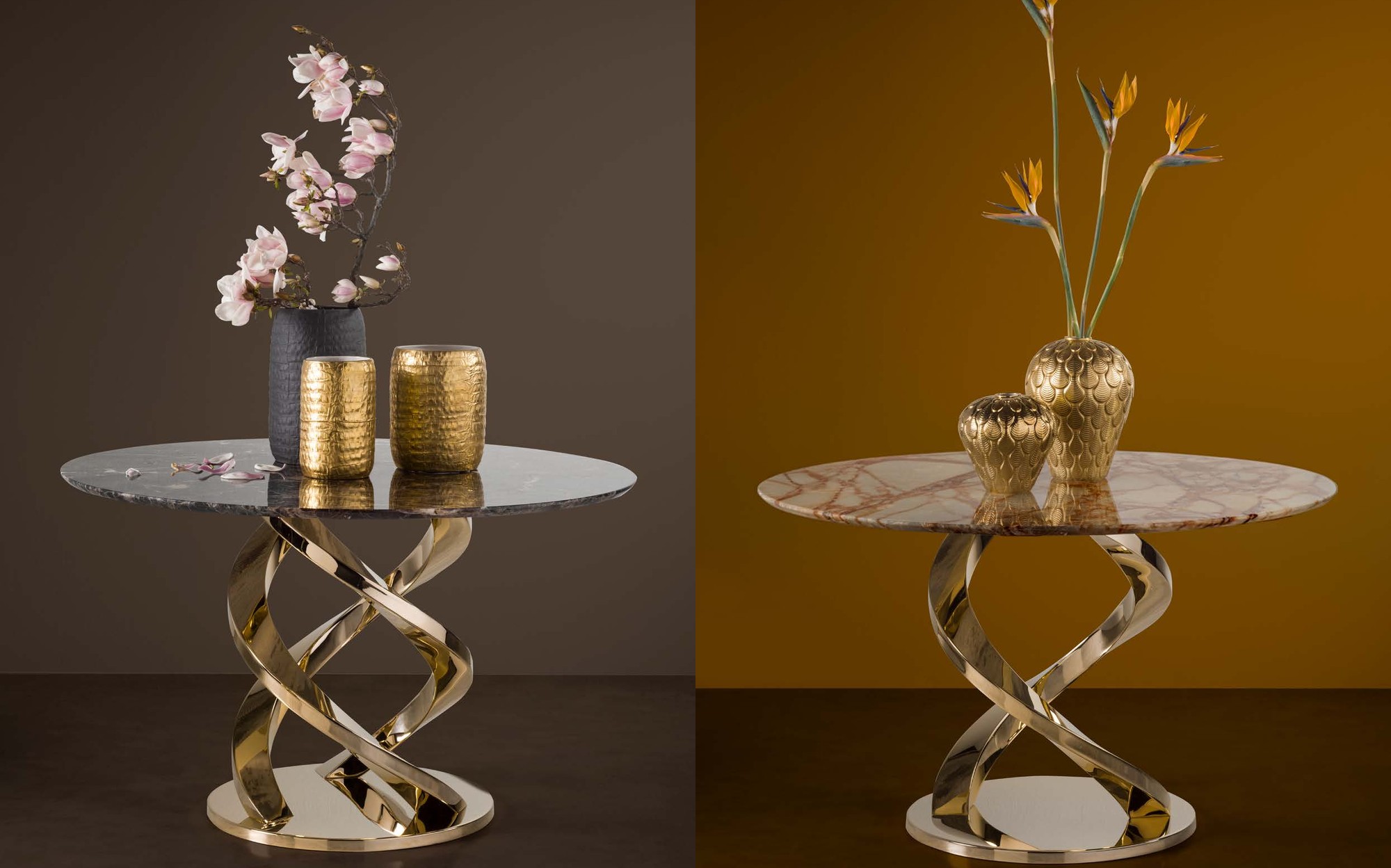 Villari Home Couture round side tables with twisted bases &ndash; Italian luxury porcelain