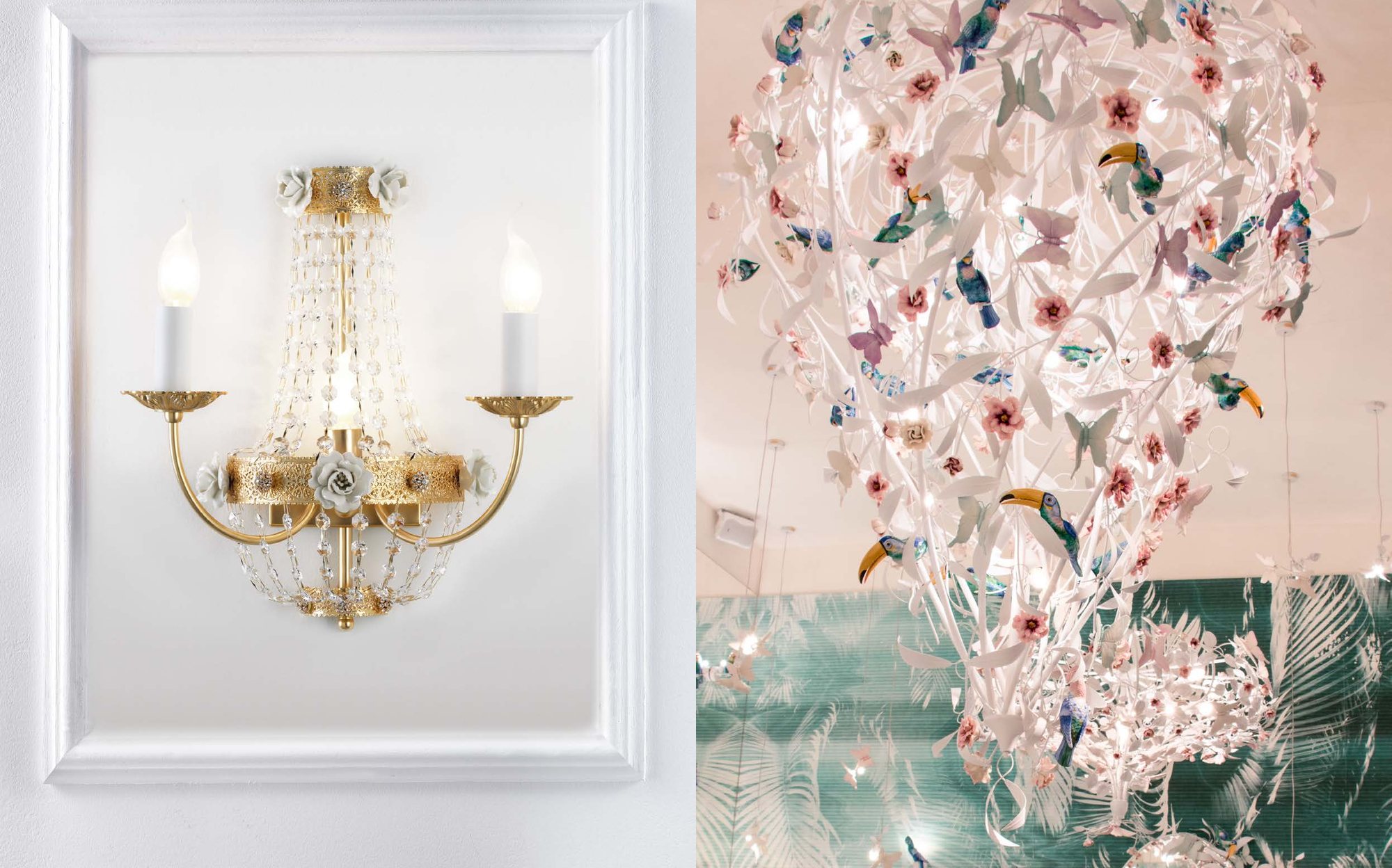 Villari Home and Light хрустальное бра и цветочная люстра с птицами Villari Home and Light хрустальное бра и цветочная люстра с птицами – итальянский фарфор люкс