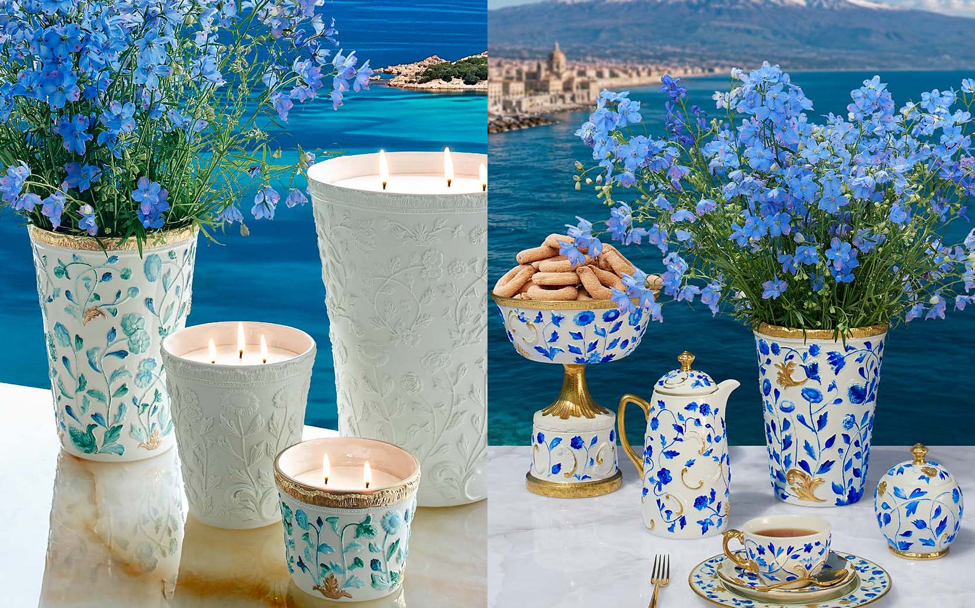 Villari The Four Seasons вазы, свечи и чайный сервиз с синими цветами Villari The Four Seasons вазы, свечи и чайный сервиз с синими цветами – итальянский фарфор люкс