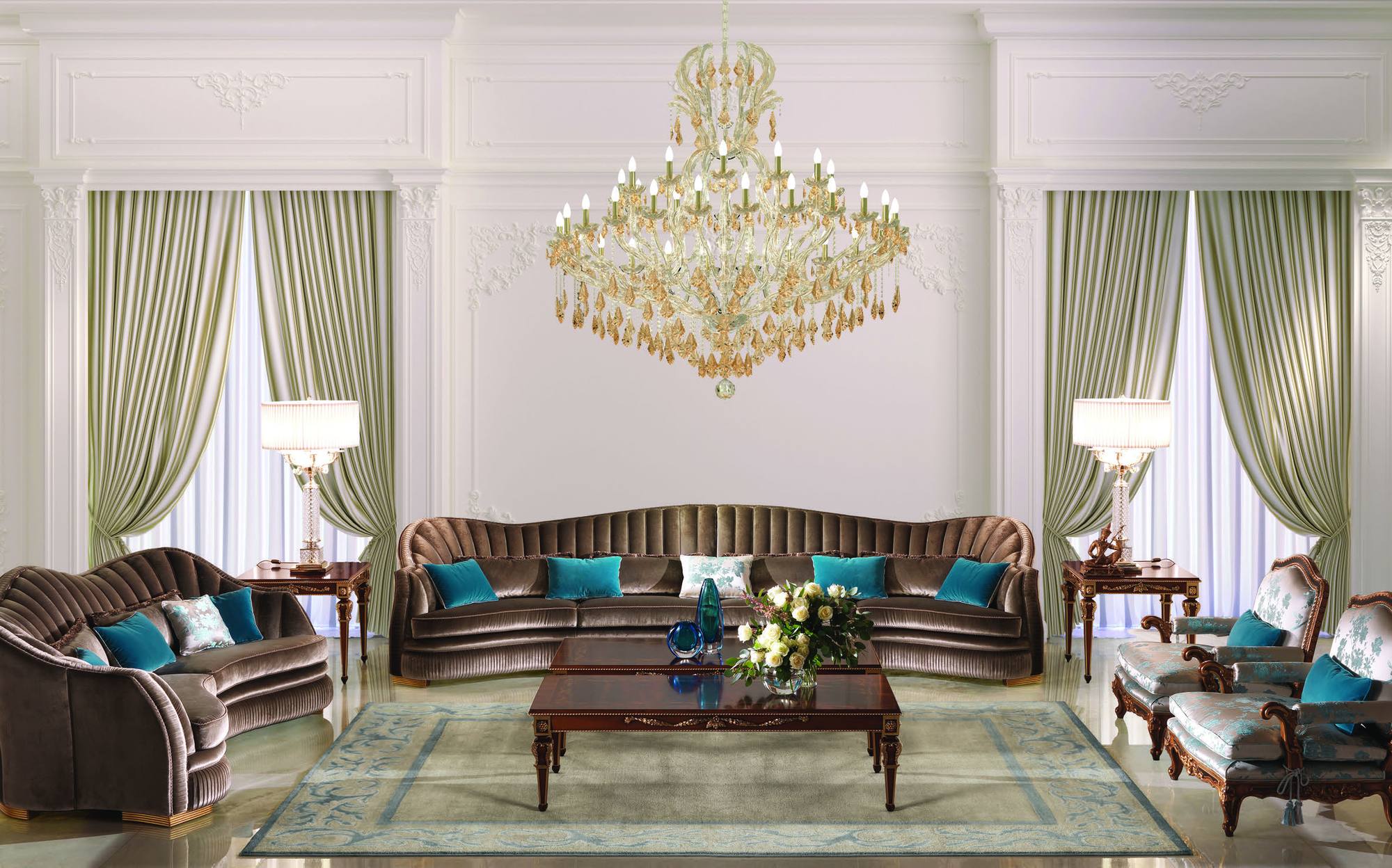 Zanaboni Classic Mood living room with velvet sofas, armchairs and crystal chandelier Zanaboni Classic Mood living room with velvet sofas, armchairs and crystal chandelier – Italian luxury classic furniture