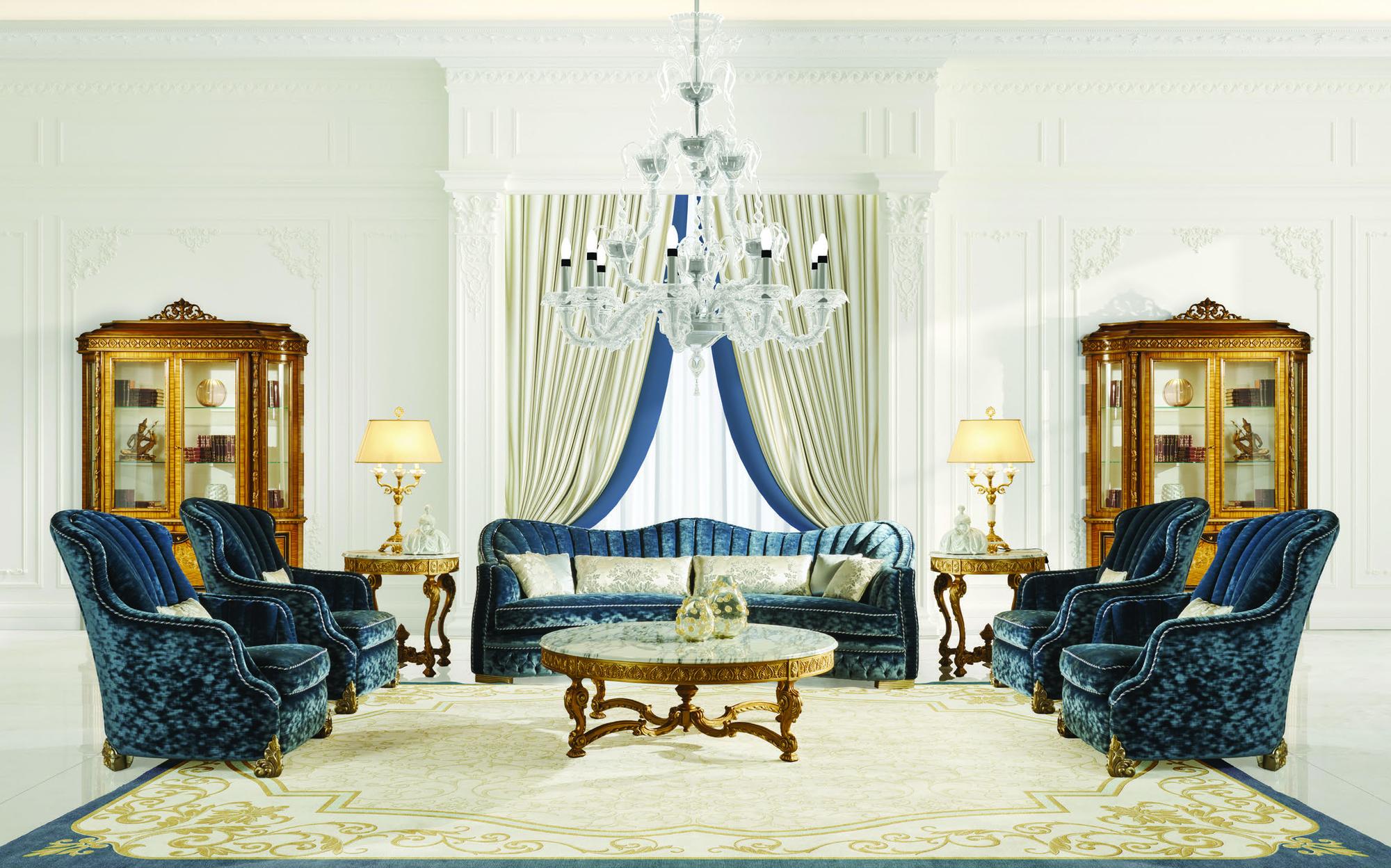 Zanaboni Classic Mood blue velvet sofa and armchairs with display cabinets Zanaboni Classic Mood blue velvet sofa and armchairs with display cabinets – Italian luxury classic furniture