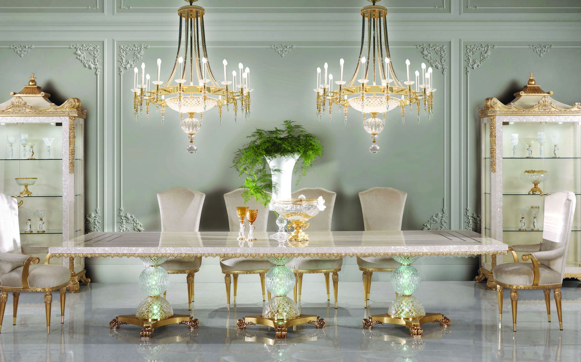Zanaboni Classic Mood white dining room with marble table, chairs and display cabinets Zanaboni Classic Mood white dining room with marble table, chairs and display cabinets – Italian luxury classic furniture